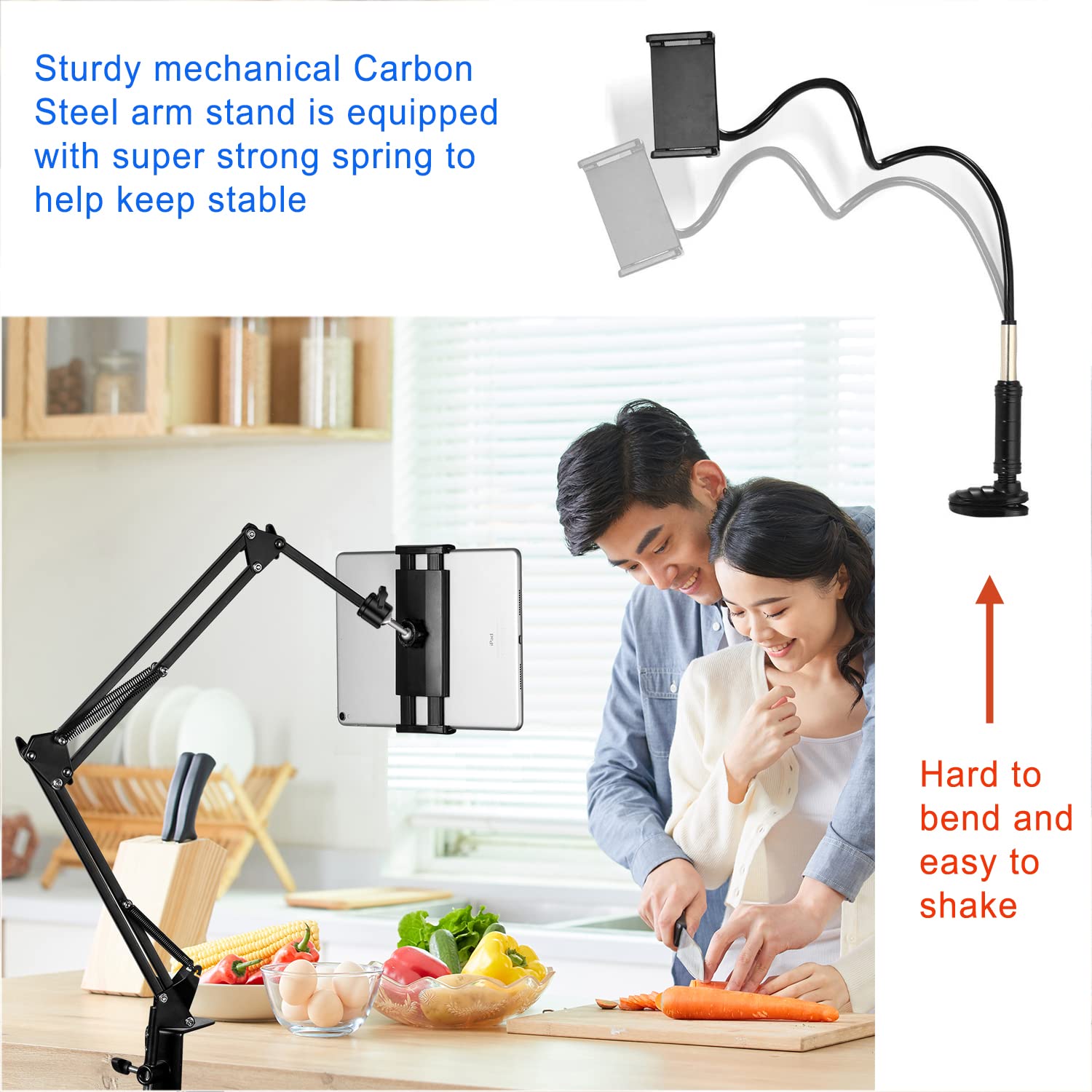 Tablet Stand Phone Holder Tablet Holder For Bed [Ultra Sturdy Bottom Clamp] , Flexible Tablet Arm Stand For Desk Mount Compatibl