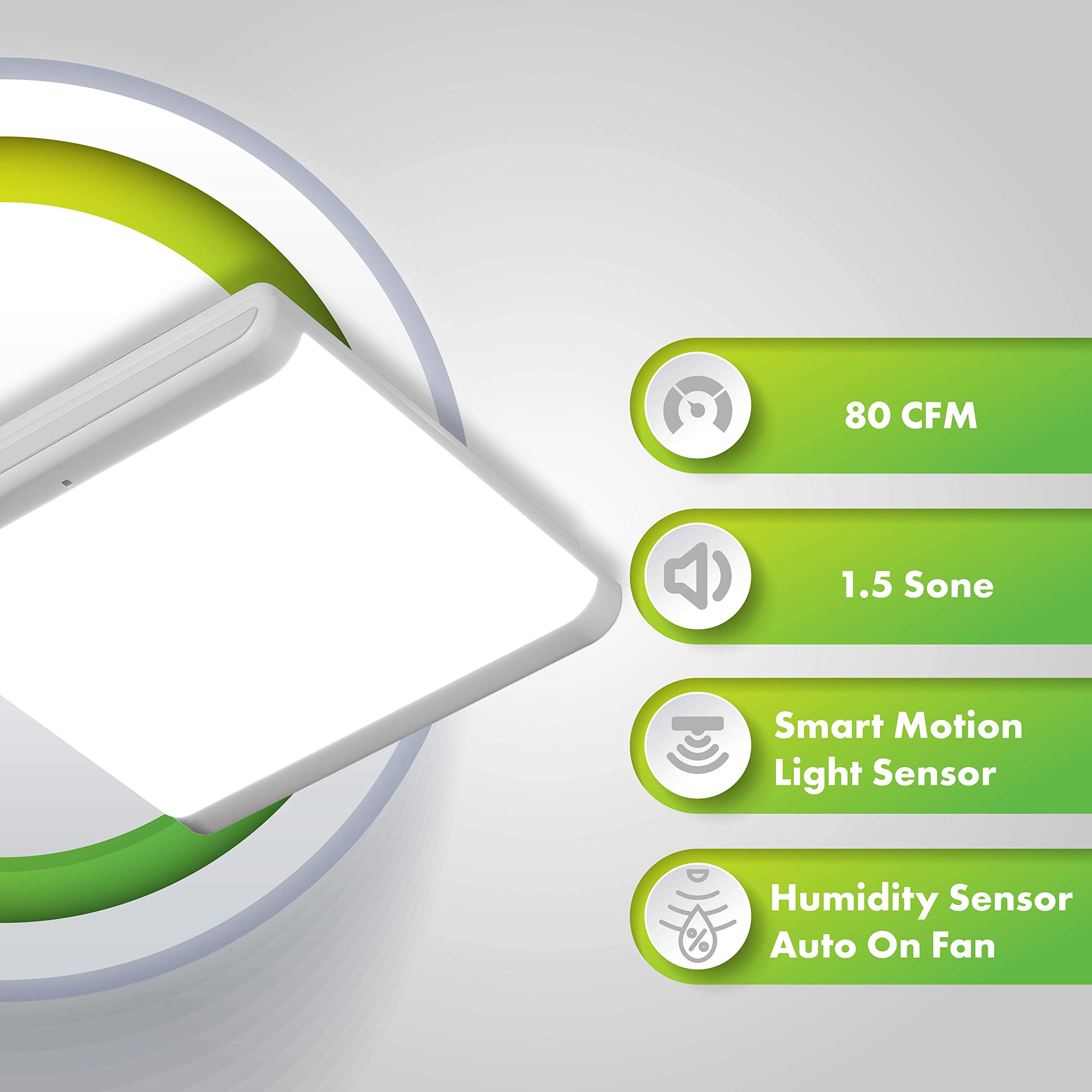 Homewerks 7146 80 Ms Bathroom Fan Integrated Dimmable Led Light Humidity Sensor Exhaust Ventilation 1.5 Sones 80 Cfm, Smart Moti