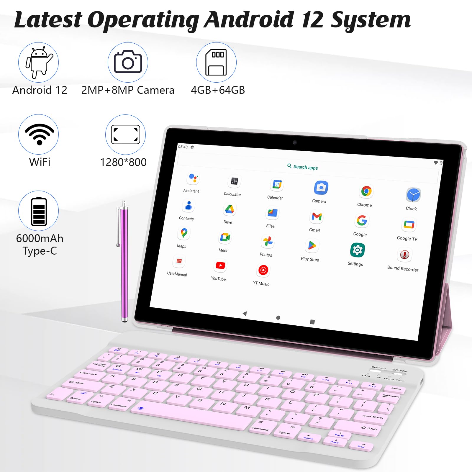 Novojoy 2 In 1 Tablet 10 Inch Android 12 Os Tableta, Tablets With Keyboard, Mouse, Case, Stylus, 64Gb Rom+4Gb Ram, 2Mp+8Mp Dual