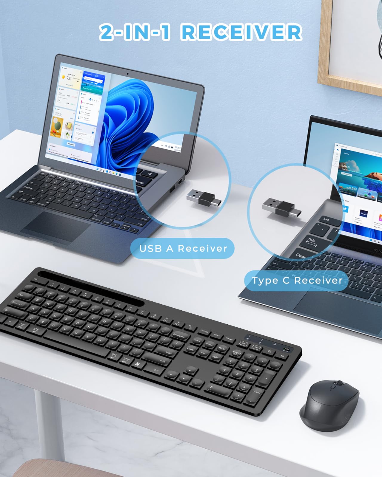 Keyboard And Mouse Wireless, Vivefox Wireless Keyboard With Phone Holder Usb A & Type C Receiver Cute Keyboard And Mouse Compati