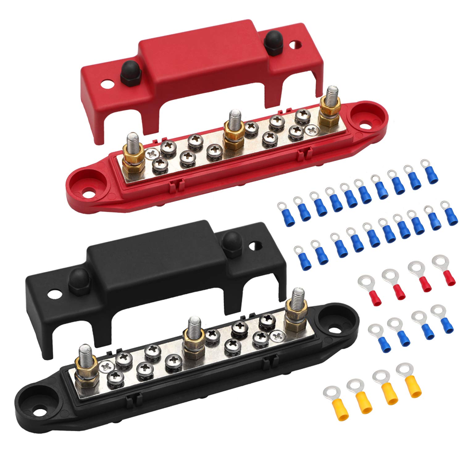 Mofeez Bus Bar  3X1/4   Post,10X#8 Screw Terminal Power Distribution Block With Ring Terminals(Pair   Red & Black)