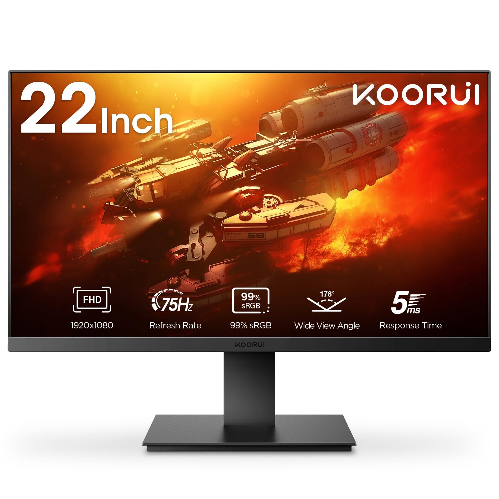 Koorui 22 Inch 1080P Full Hd 75Hz Pc Monitor With Hdmi Vga Port, 99% Srgb Tilt Adjustment, Vesa 22N1