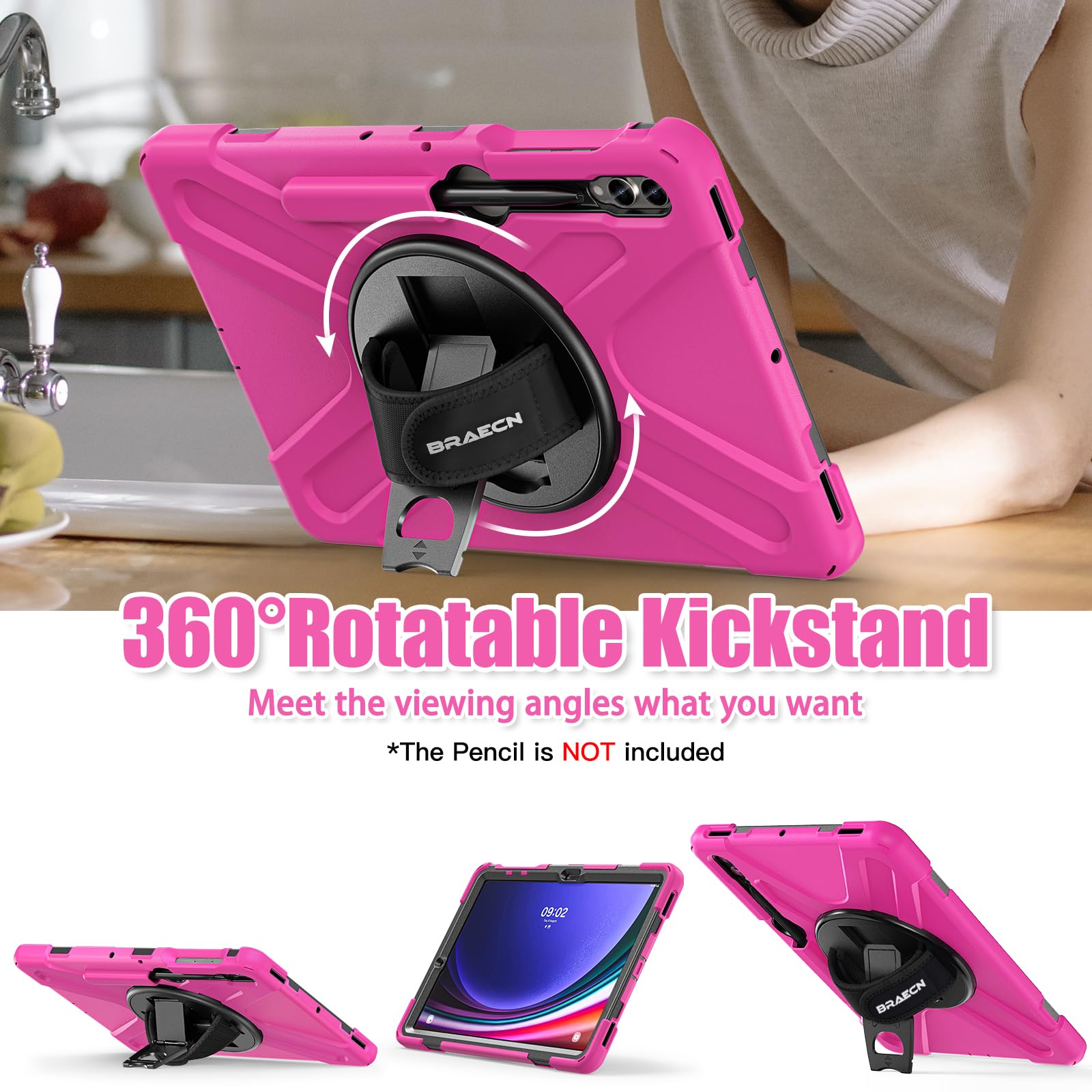 Braecnstock Samsung Galaxy Tab S9 Plus 12.4 Inch Case With Pencil Holder, Shockproof Protective Rugged Cover, Rotating Hand Stra