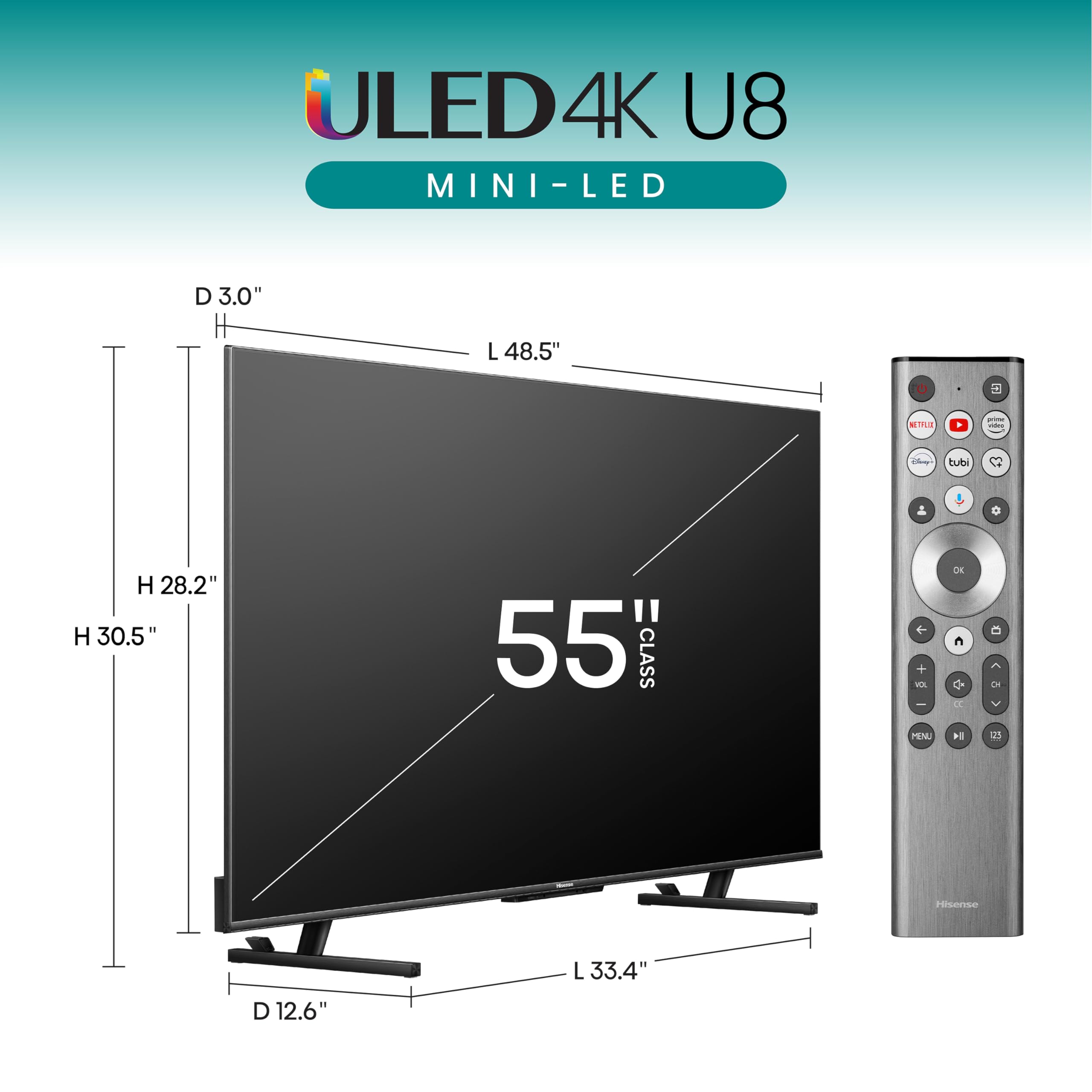 Hisense 55-Inch Class U8 Series Mini-Led Uled 4K Uhd Google Smart Tv (55U8N, 2024 Model) - Qled, Native 144Hz, Full Array Local