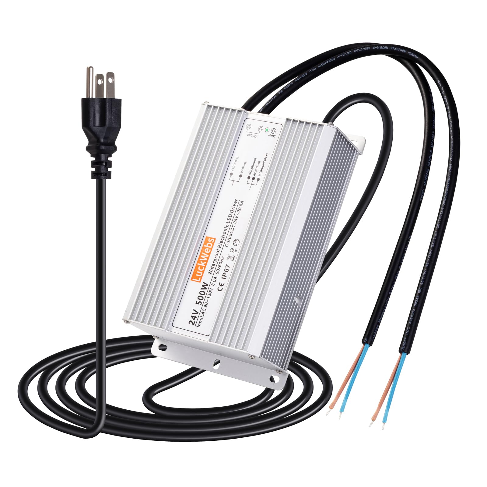 LuckWebs LED Driver 24V 500W Waterproof Power Supply AC90-130V to DC24V20.8A Low-Voltage IP67 Transformer Suitable for Street Li