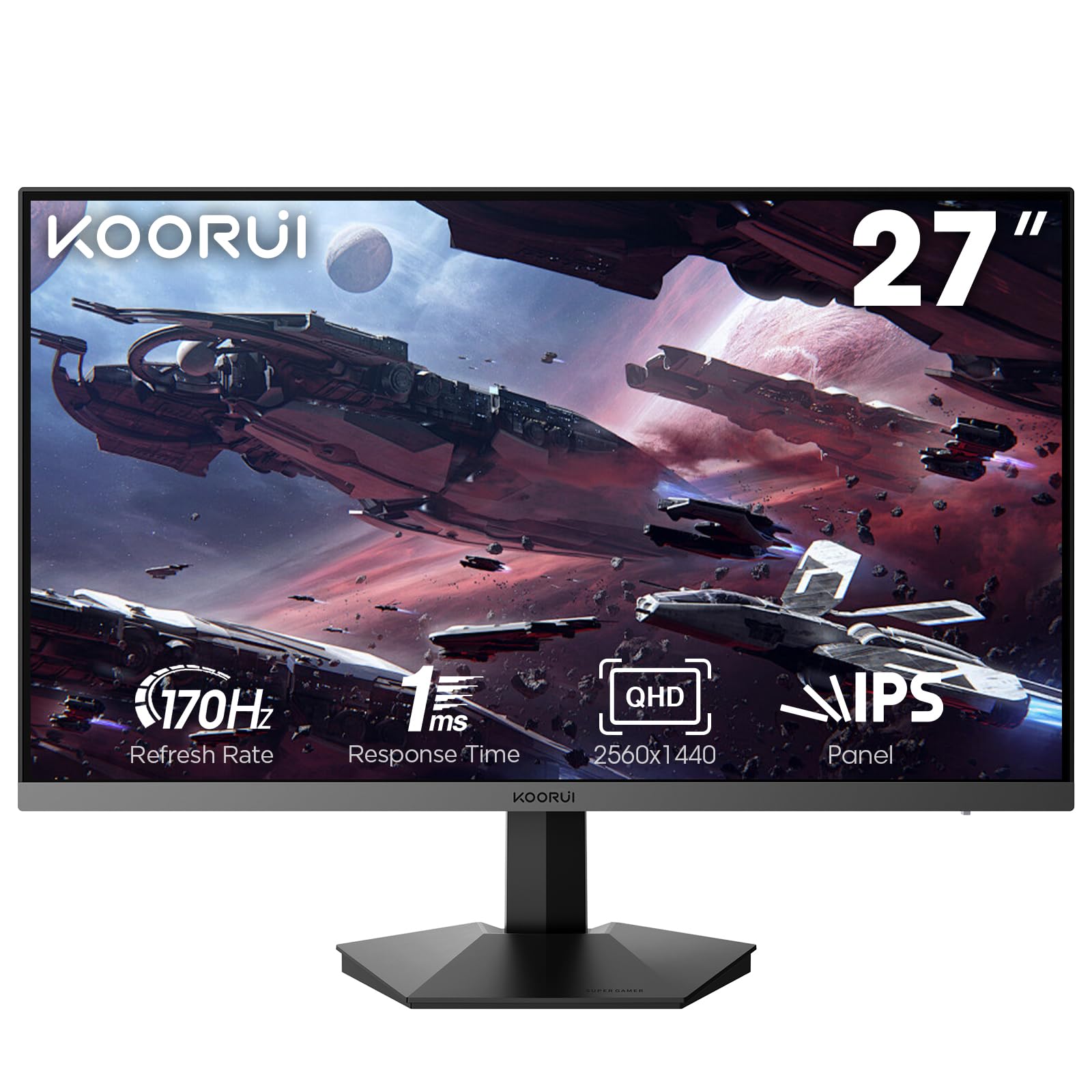 Koorui Monitor, 27'' Gaming Monitor, 165Hz, Ips, Fhd 1920 X 1080 1Ms Computer Monitor With Adaptive Sync, 75X75 Mm Vesa Mountabl