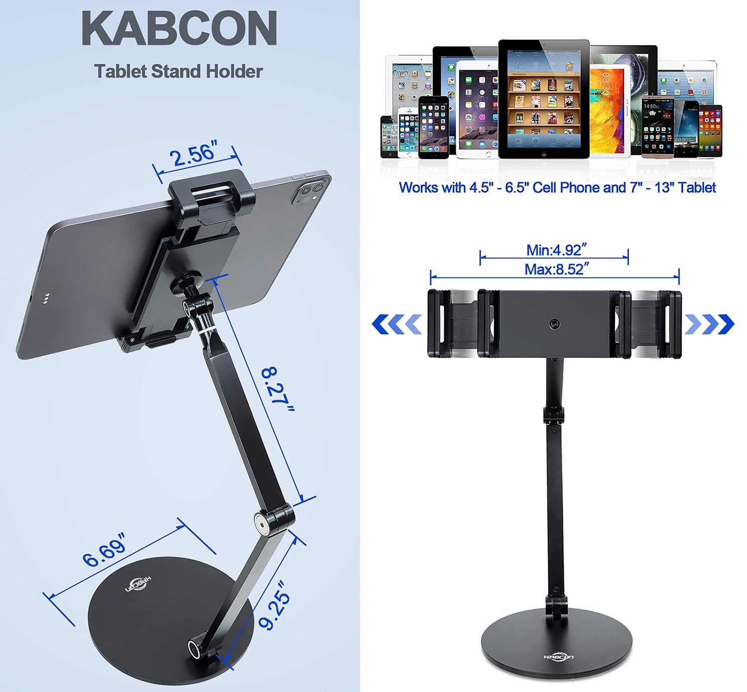 Kabcon Tablet Stand,Tightness Adjustable 360Rotatable Multi Angle Eye Level Aluminum Solid Long Arm Tablets Stands For Ipad Seri