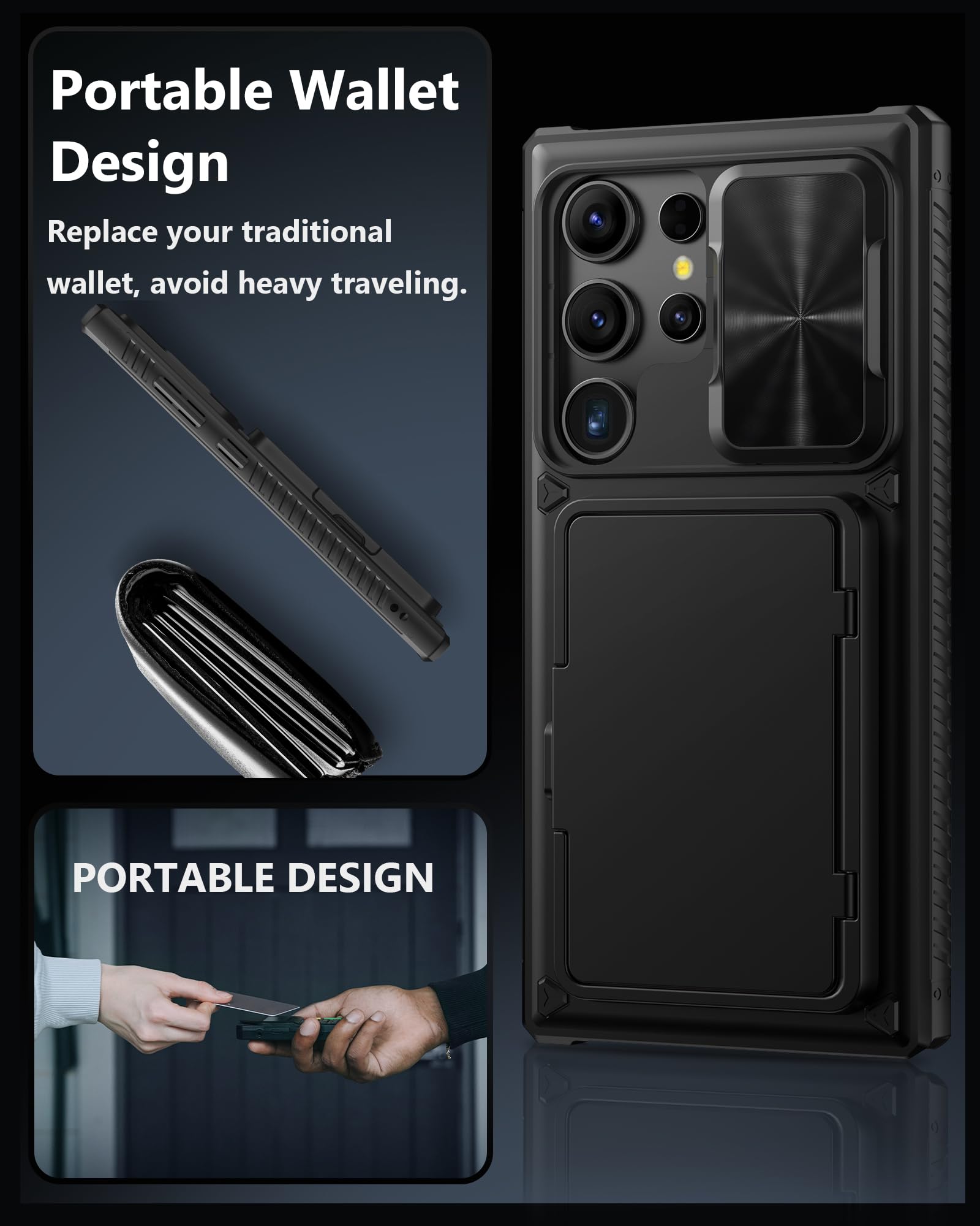 Atatoo For Samsung Galaxy S24 Ultra Case Wallet, Built In Card Holder(Store 4 5 Cards) & Slide Camera Cover & Kickstand, Militar