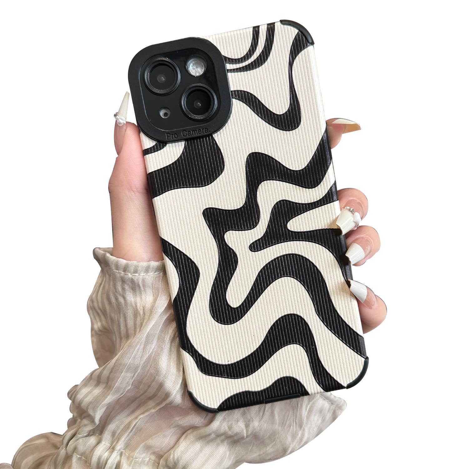 Sayoaho Designed for iPhone 13 Phone Case, Soft PU Leather TPU & Cute Art Wavy Painted for Women Girls, Slim Protective Shockpro