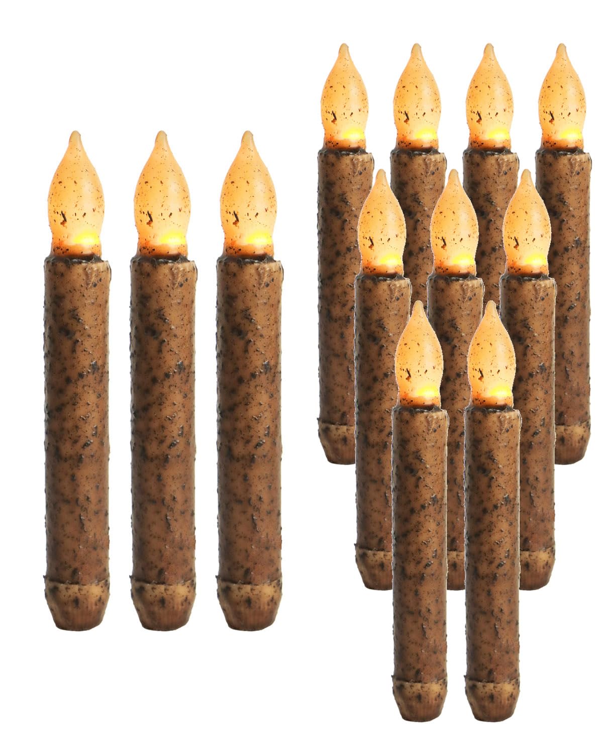 Oneihomm 12 Pcs Primitive Candles Timer, Amber Yellow Flickering Lights, Hand Dipped Real Wax Rustic Taper Candle Battery Operat