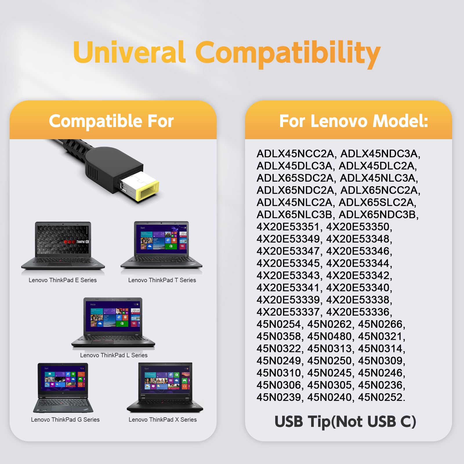 Laptop Charger For Lenovo Adlx45Ndc3A, Adlx45Ncc2A, Adlx45Dlc3A, Adlx45Dlc2A, Adlx65Nlc2A, Adlx65Ncc2A, Adlx65Sdc2A, Adlx45Nlc3A, Adlx65Ndc2A, Adlx65Slc2A Model, 65W 45W Power Supply Cord