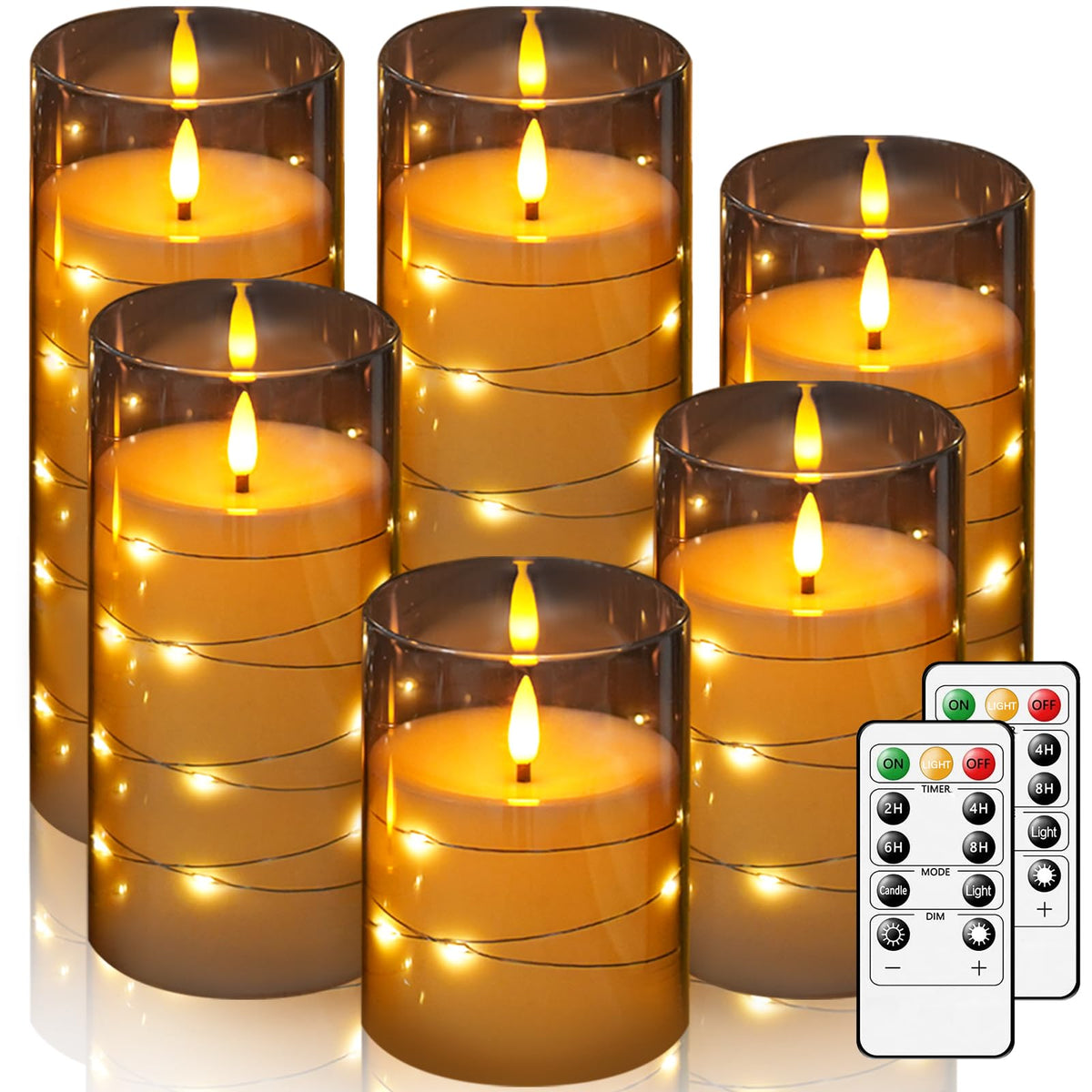 Fo32Won Flameless Candles Battery Operated Flickering With Remote Timer, 6 Pack Gray Led Battery Candles Embedded String Lights 