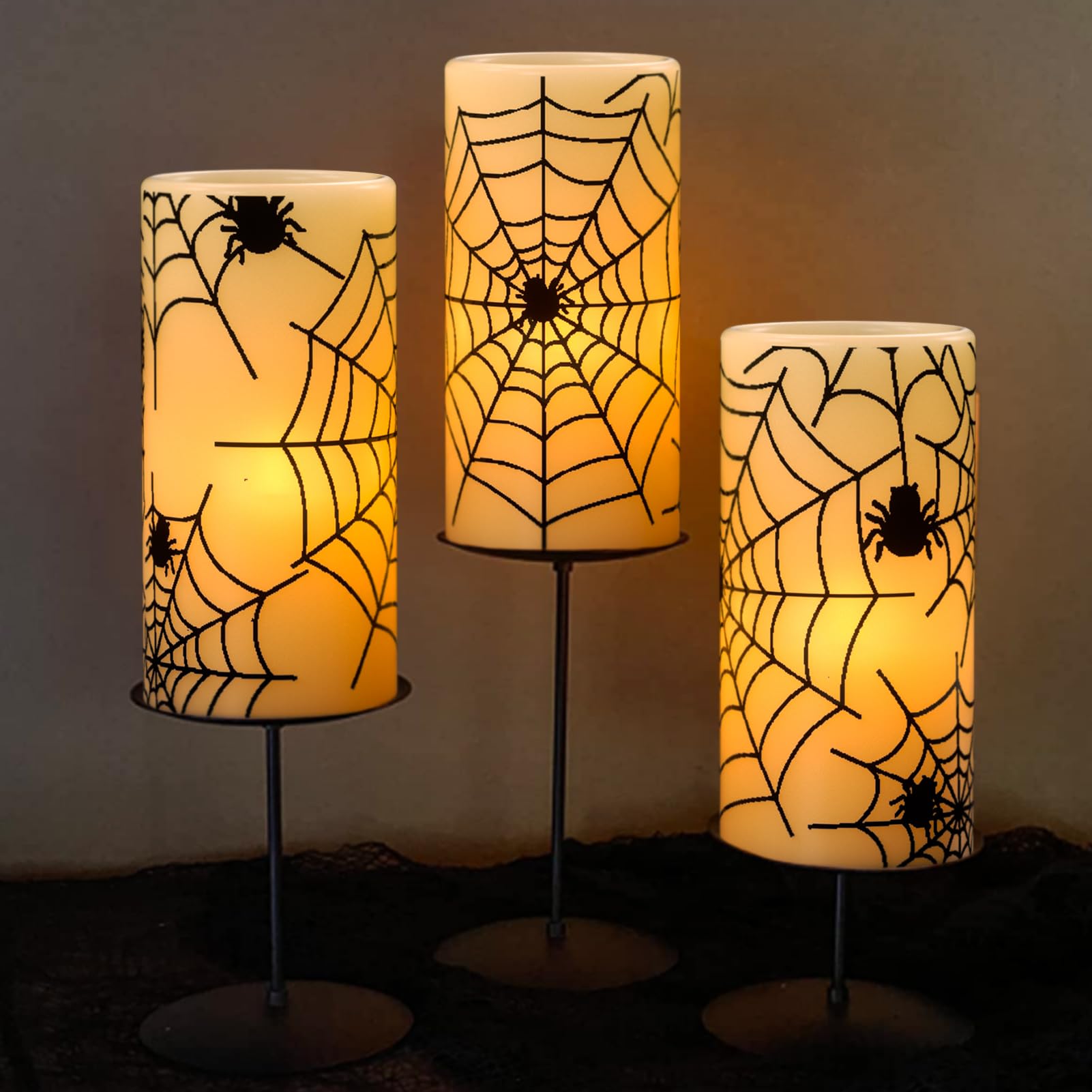 Lasumora Halloween Flameless Candles With 6H Timer, Real Wax Led Pillar Candles Flickering, Cobweb & Spider Candle Set Of 3, D3