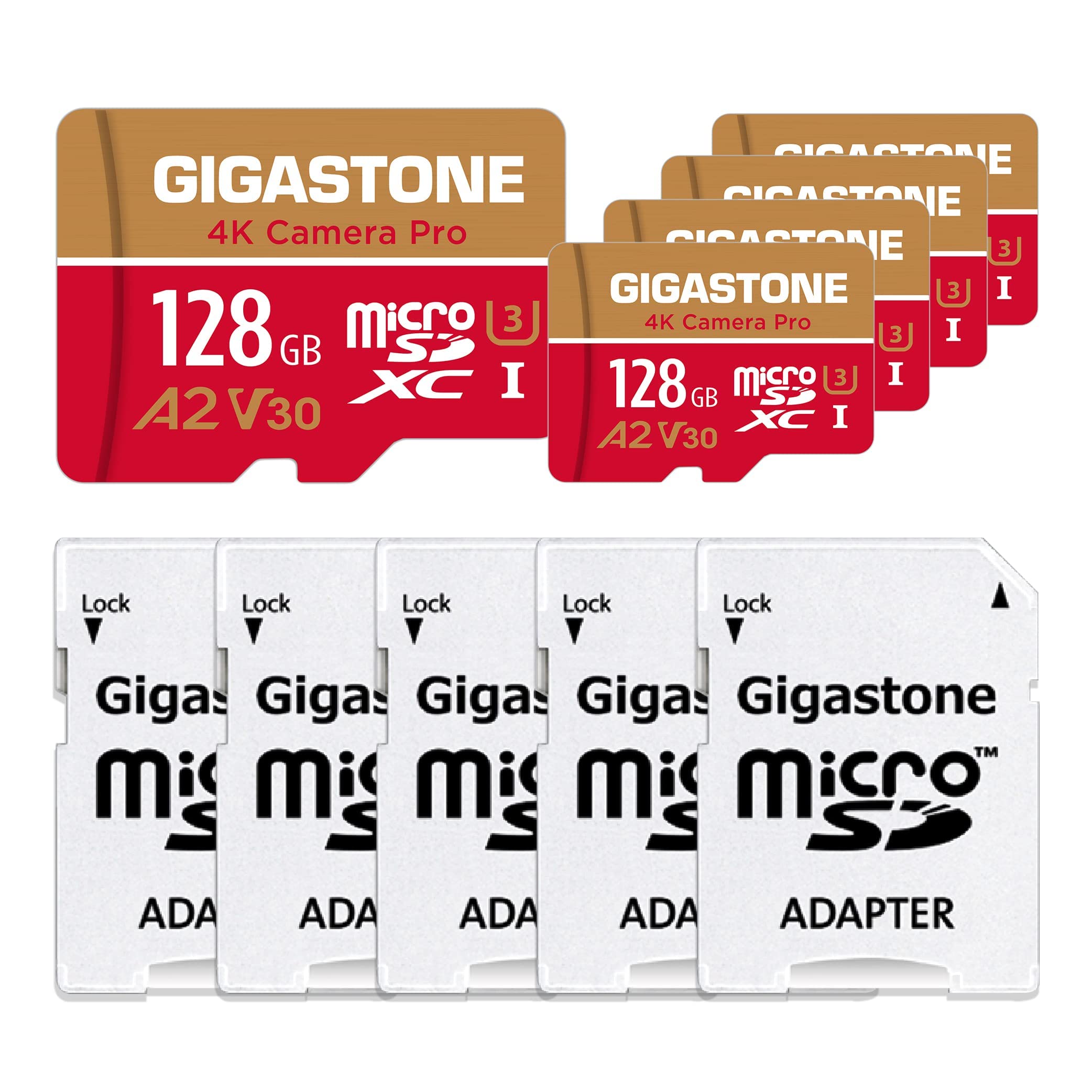 [5 Years Free Data Recovery] Gigastone Memory Card 128GB Pack of 5 Cards, 4K Pro Camera, Compatible with GoPro Switch, Speed 100MB/s. A2 U3 V30 Micro SDXC Card with SD Adapter.