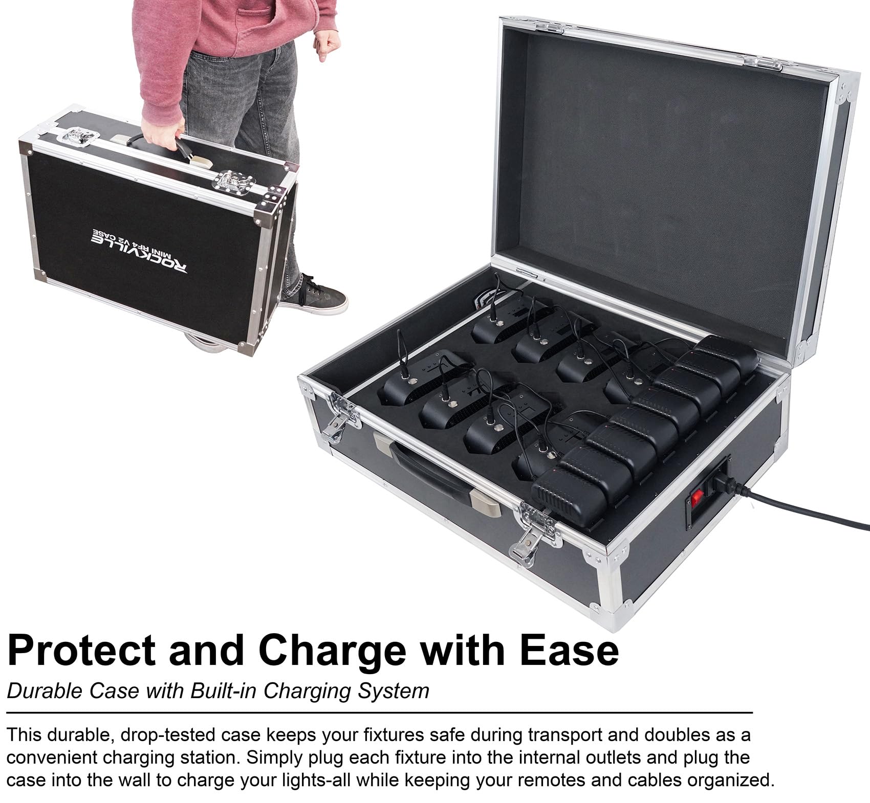 Rockville 8 Pack Mini Rf4 V2 Black Led Par Wash Up Lights With Charging Case, Rgbwa+Uv, App, Wireless Dmx, Rechargeable, Perfect