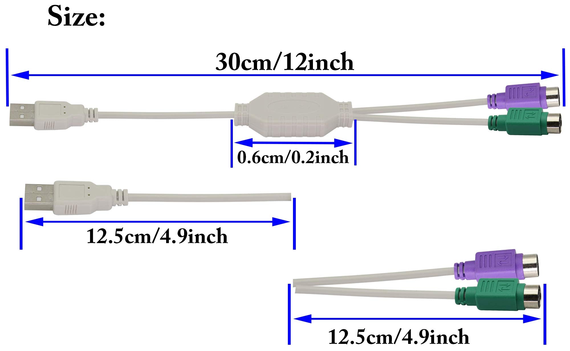 Zdycgtime 12Inch White Ps/2 To Usb Adapter Keyboard Mouse Converter Cable,Usb Male To Dual Ps2 Female Y Splitter Cable,Support W