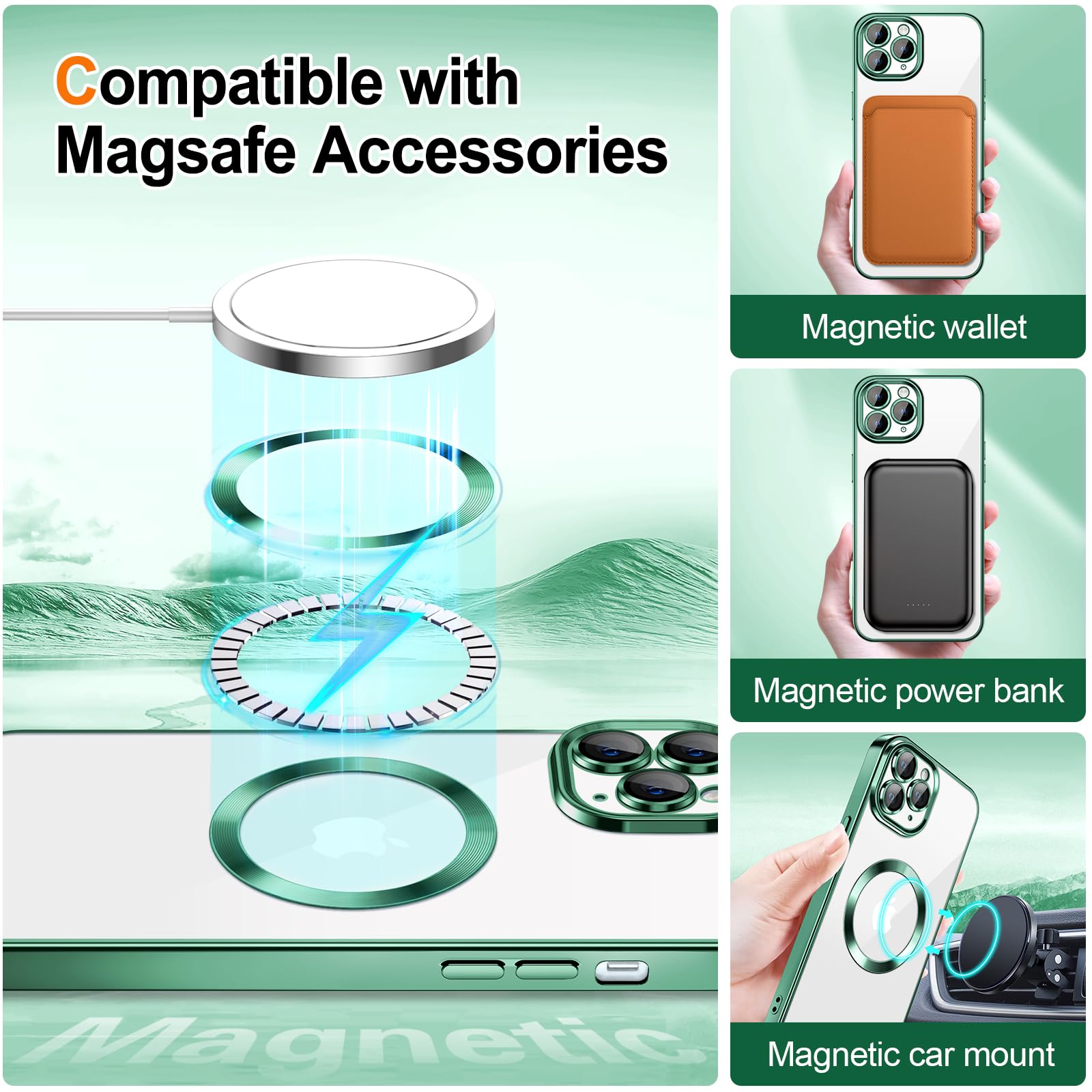 Hython For Iphone 11 Pro Case Clear Magnetic Glitter Phone Cases [Compatible With Magsafe] Full Camera Lens Protector Slim Gradi