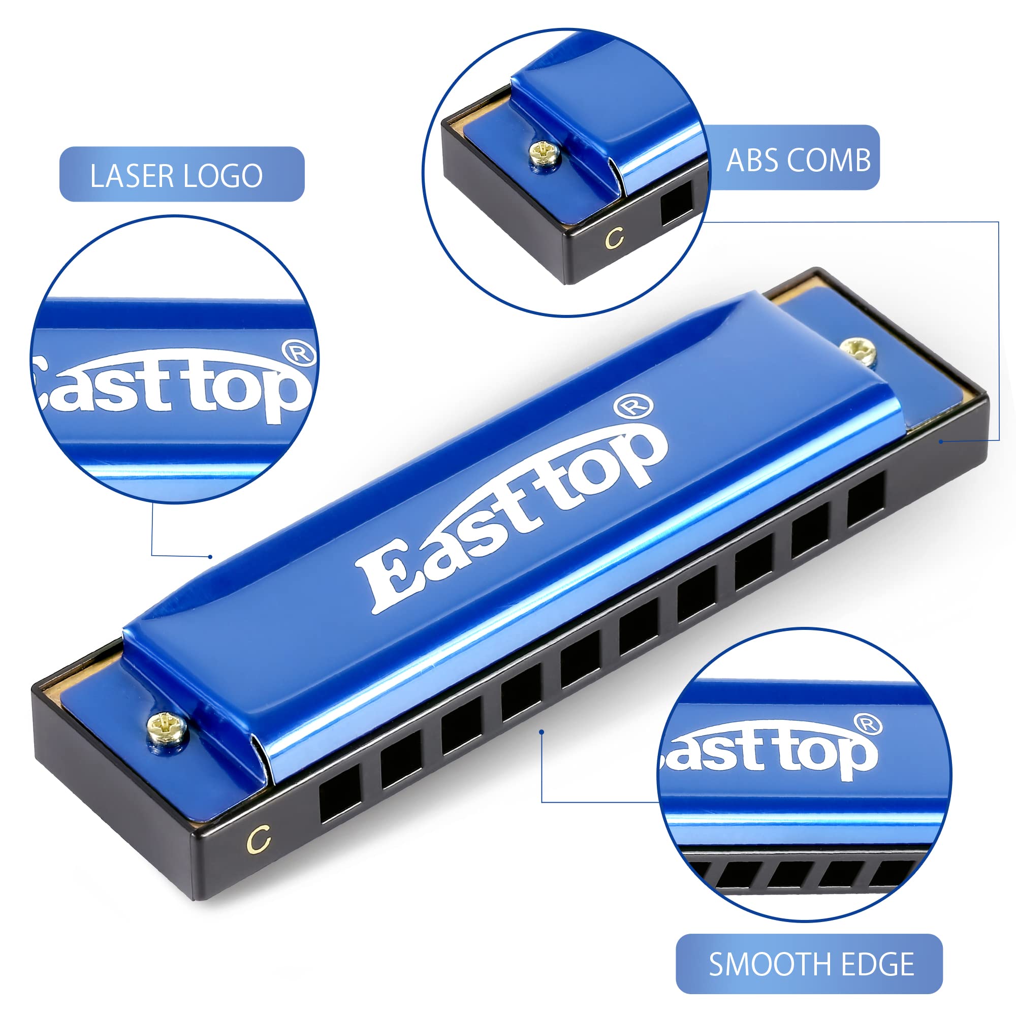 East Top Blues Harmonica, Diatonic Harmonica Key Of C 10 Holes 20 Tones Mouth Organ Blues Harp Harmonica For Adults, Kids, Begin