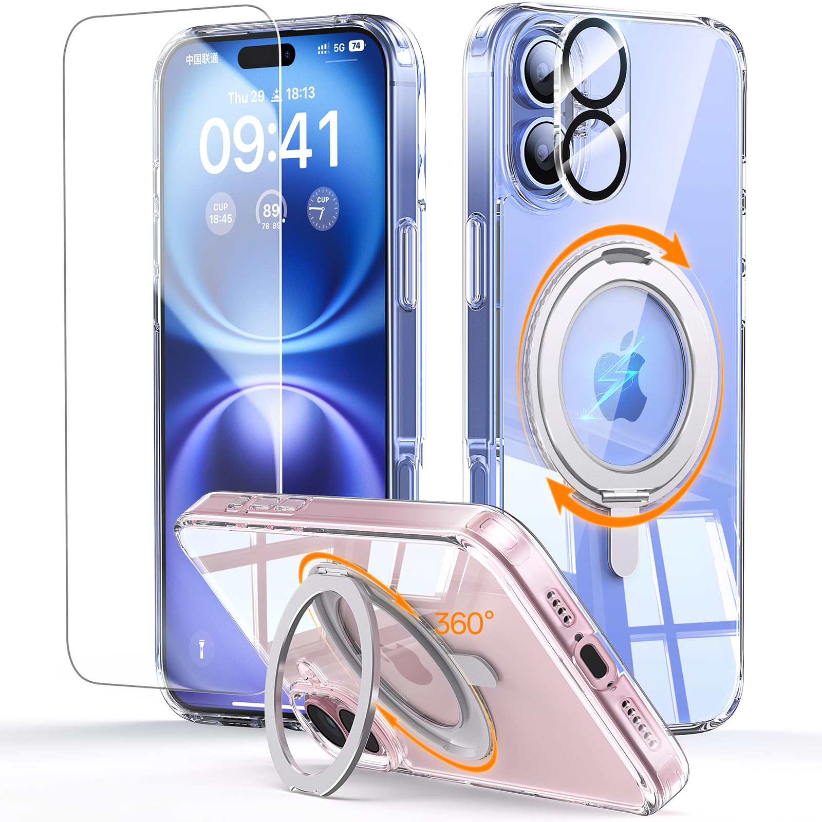 Jueshituo 3 In 1 For Iphone 16 Case, [Non Yellowing] 360 Rotatable Magnetic Ring Stand With [Rotary Damping Sound] [1X Screen Pr