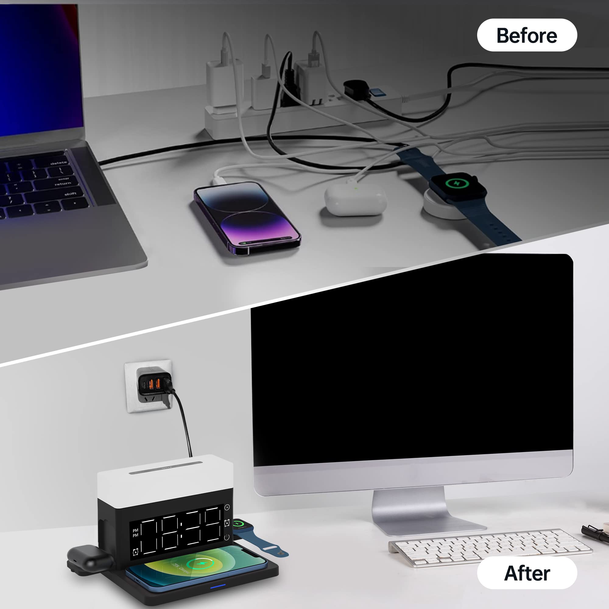 Smsasoeo Wireless Charger,6 In 1 Wireless Charging Station With Digital Alarm Clock & Night Light,15W Fast Charger Compatible Wi