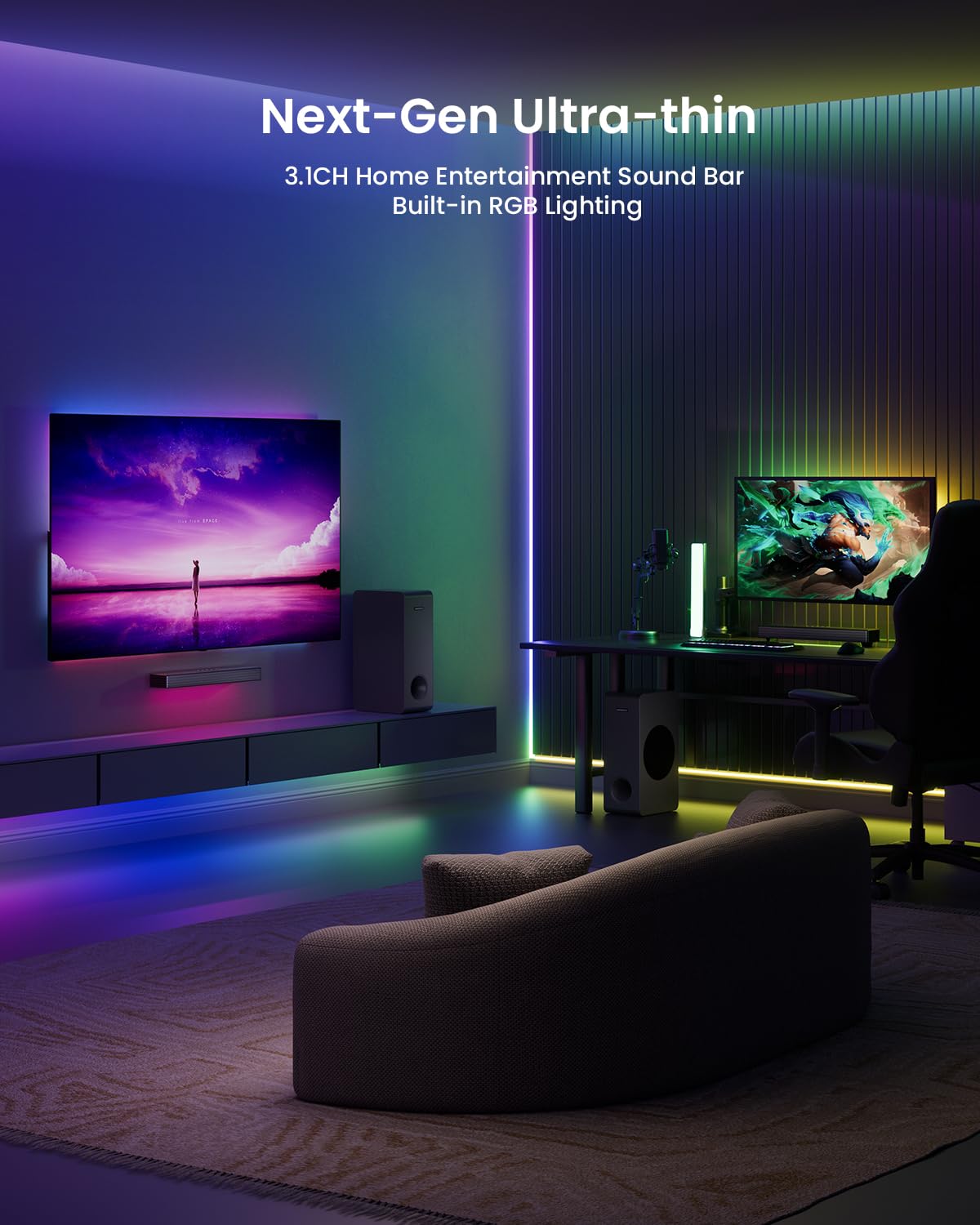 Meredo Sound Bar For Smart Tv 3.1Ch Pc Gaming Soundbar With Subwoofer Rgb Lighting Audio Sync Surround Sound System Bt 5.3/Hd-Ar