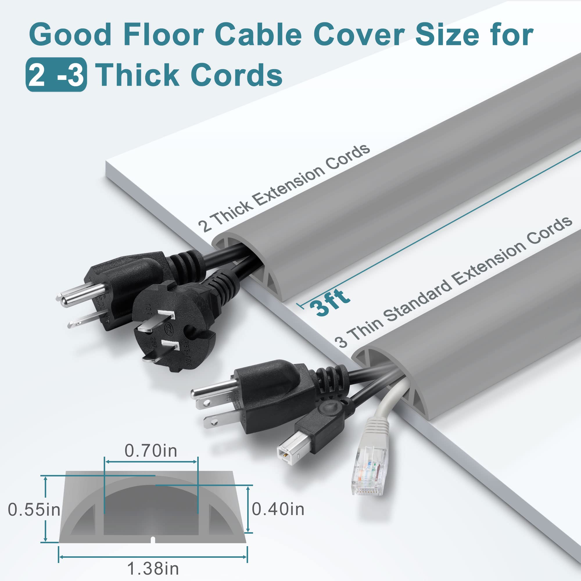 Cord Hider Floor, 3Ft, Grey Cord Cover Floor, Cord Protector Floor Extension Cable Cover, Soft Pvc Wire Covers   Cable Managemen
