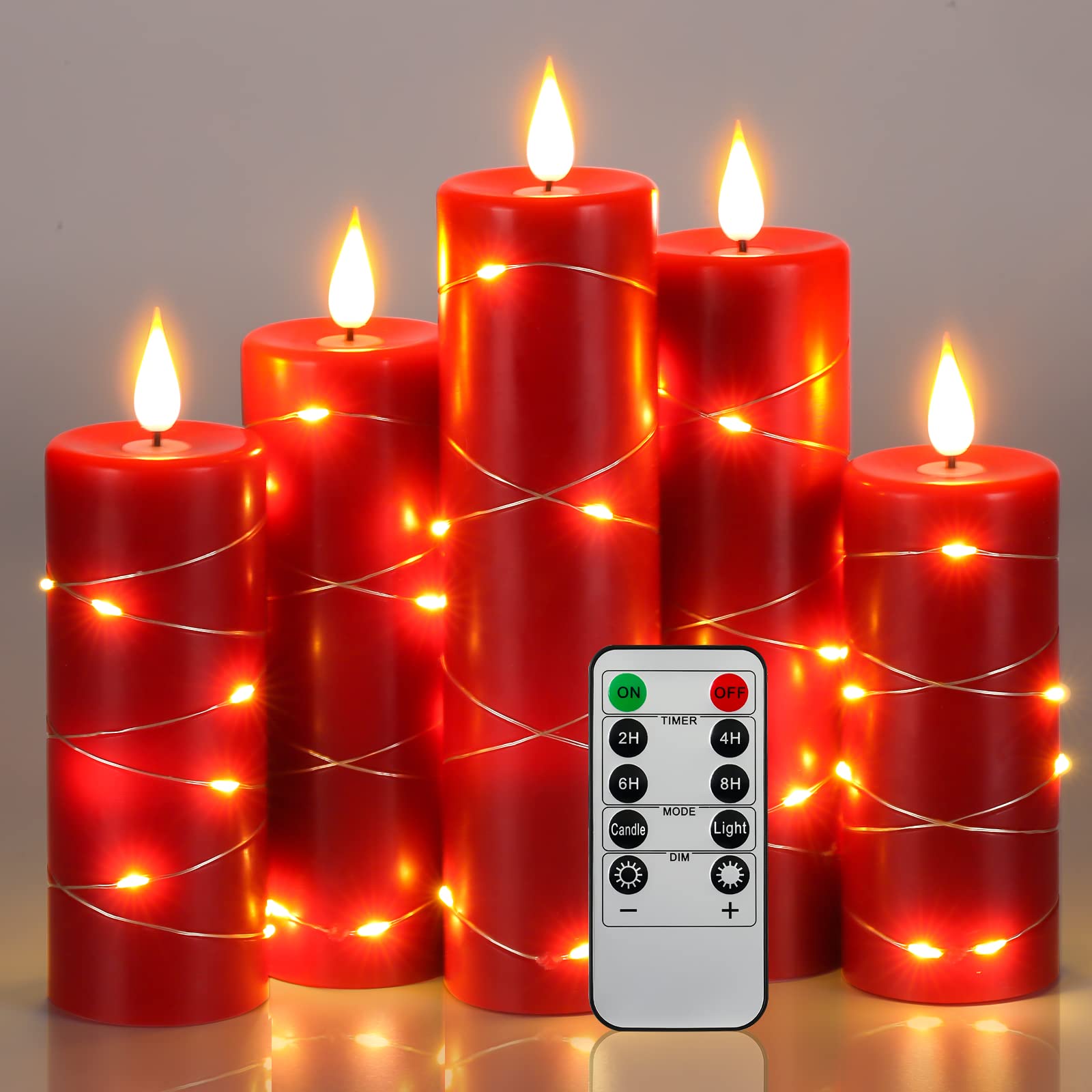 Da By Red Flameless Candles With String Lights, Battery Operated Candles With Remote Control And Timer,Flickering Led Pillar Can