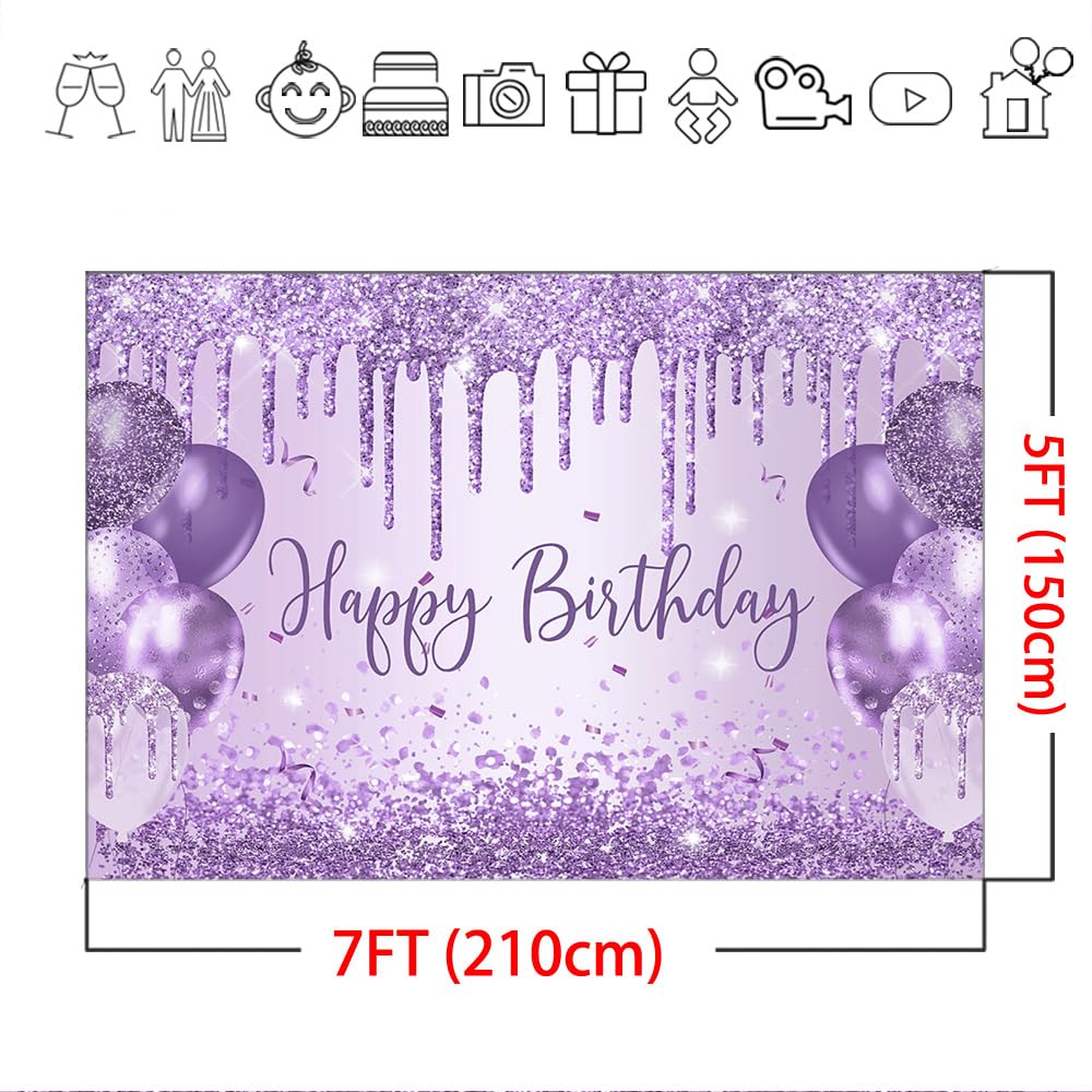 Mocsicka Purple Birthday Backdrop Glitter Balloon Woman Happy Birthday Party Decorations Glitter Girls Sweet 16 18Th 21Th Birthd