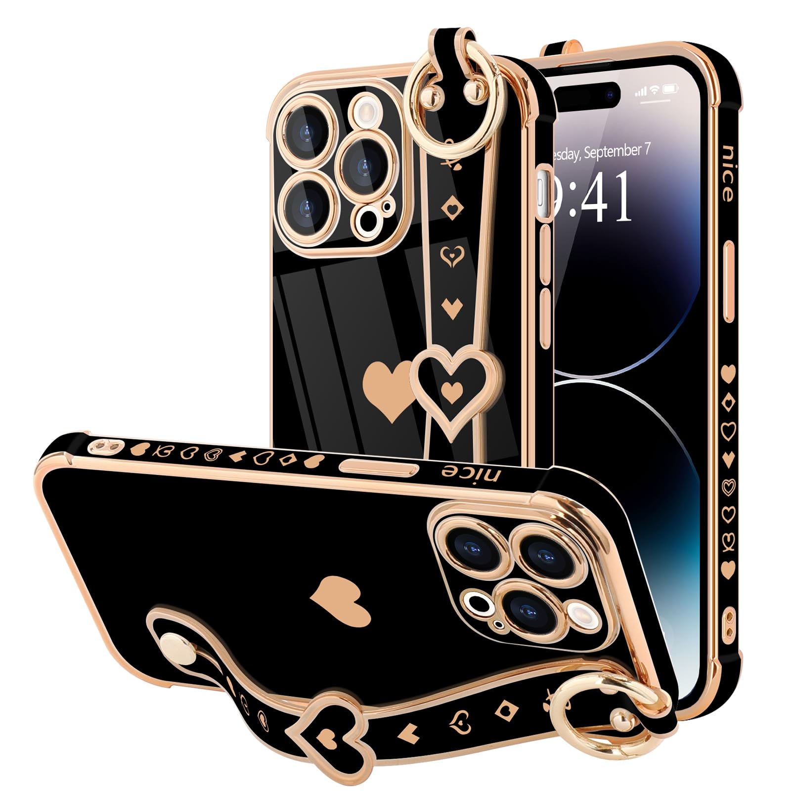 Llz.Coque For Iphone 14 Pro Case Cute Love Heart Plating Strap Phone Cover For Women Girls Bling Soft Silicone Camera Lens Prote