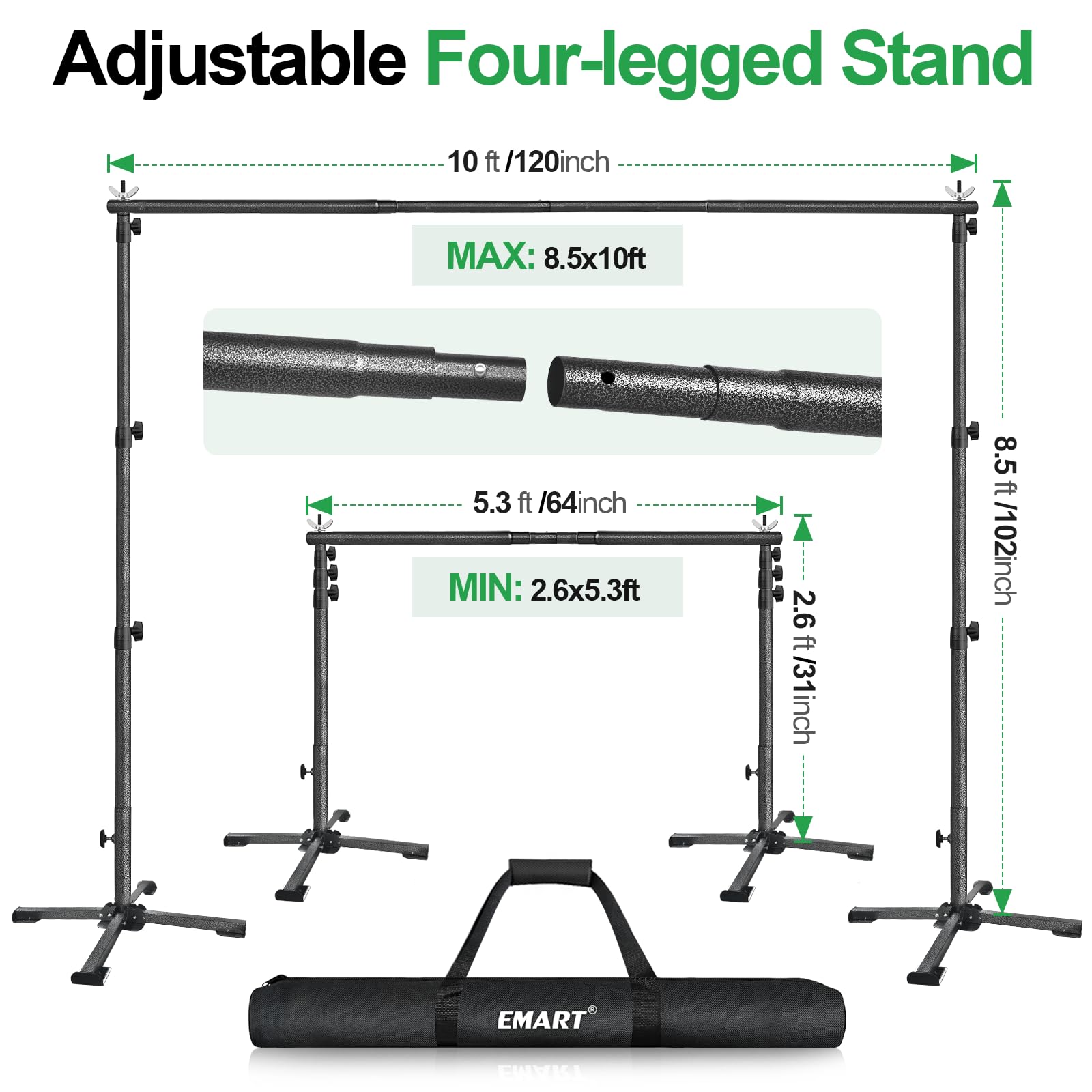 Emart 8.5X10Ft Backdrop Stand, Four-Legged Photo Background Frame Kit With Foldable Cross Base, Adjustable Back Drop Holder For