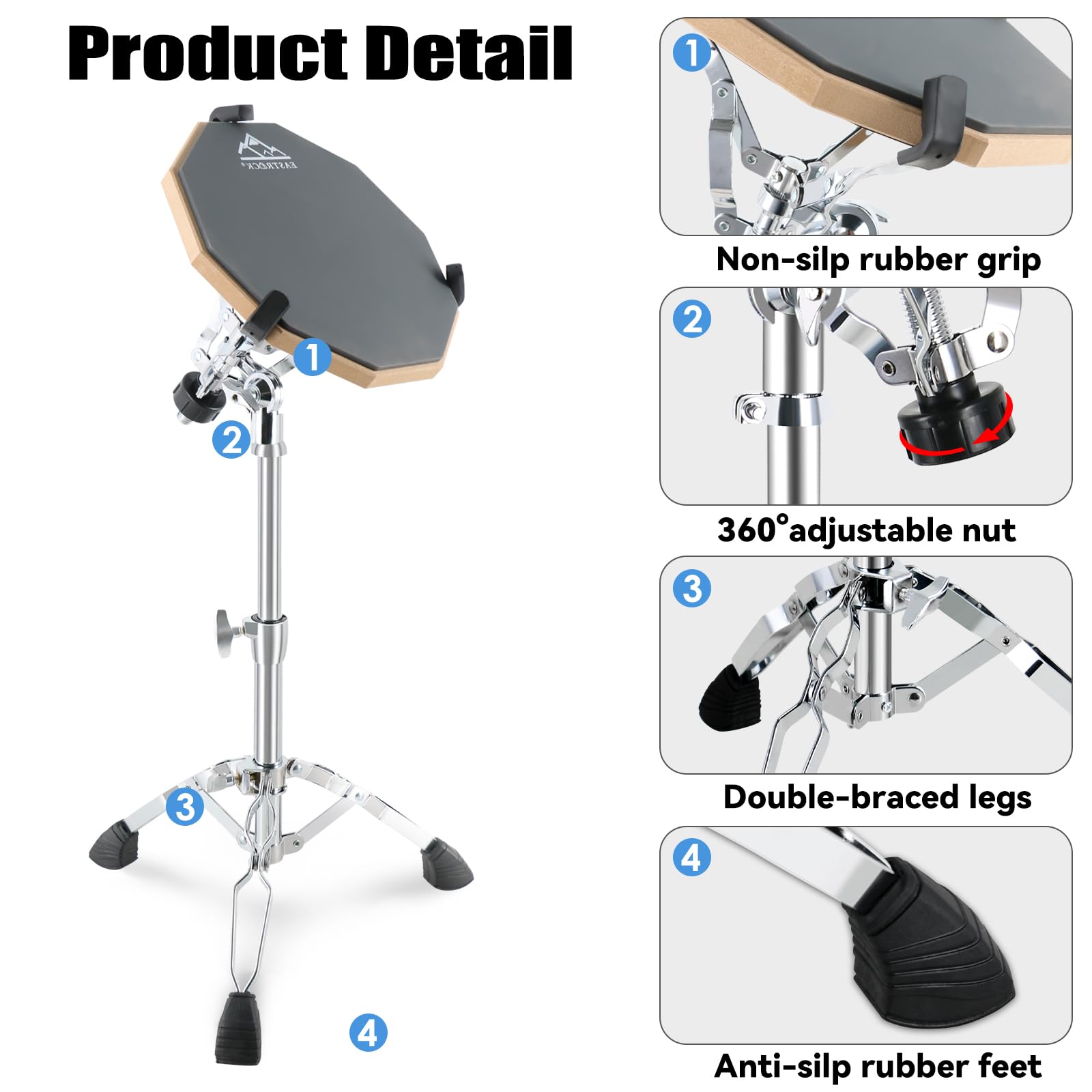 Eastrock Practice Drum Pad Stand Bundles, 11 Inches Double Sided Silent Silicone Drum Pad, Silicone Dumb Drum With Drum Stand, 2