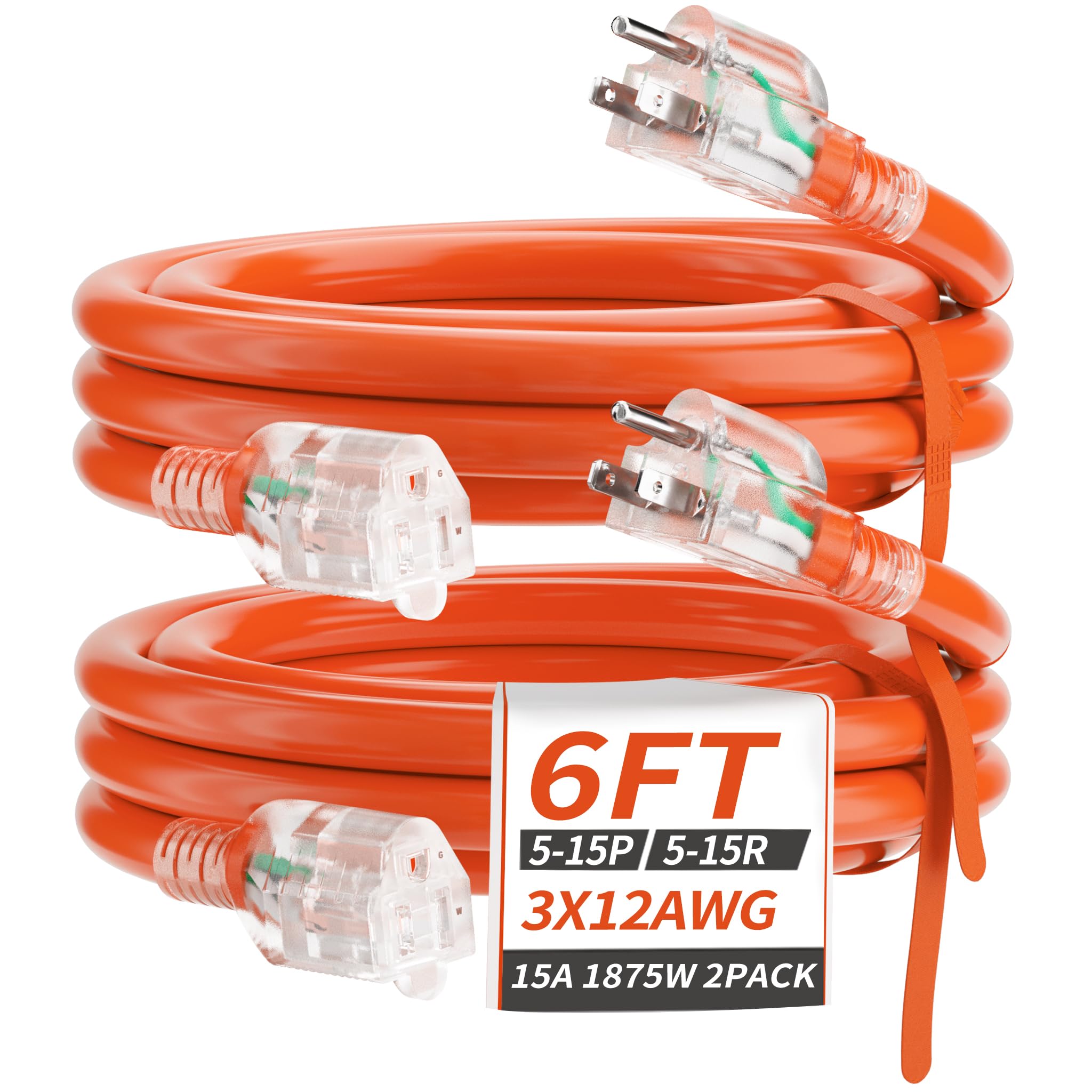 Plugsaf 6 Ft 2 Pack 12/3 Gauge Heavy Duty Outdoor Extension Cord Waterproof With Lighted, Flexible Cold Weather 3 Prong Electric