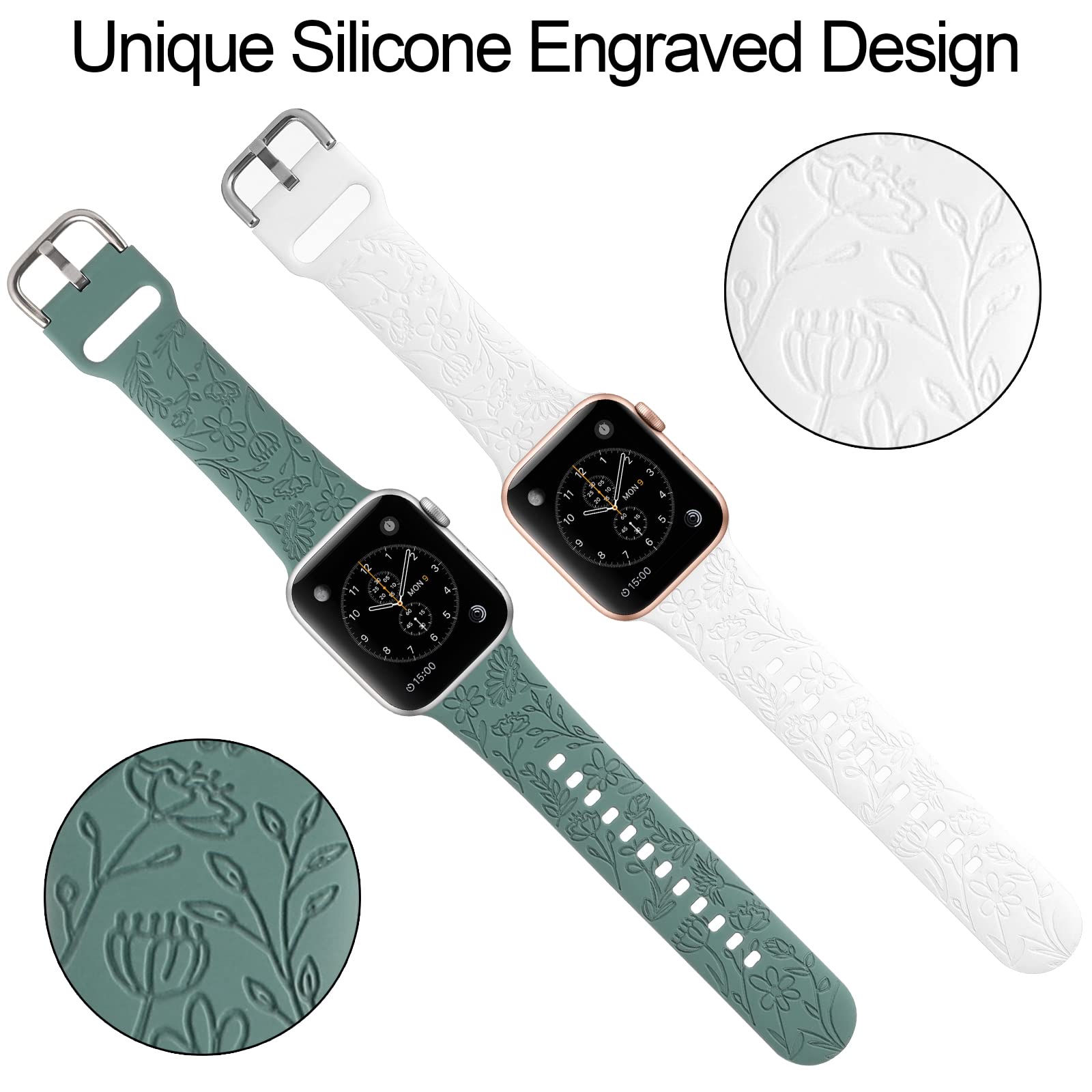 2 Pack Flower Engraved Sport Strap Compatible With Apple Watch Bands 38Mm 40Mm 41Mm, Women Floral Laser Soft Silicone Wristband