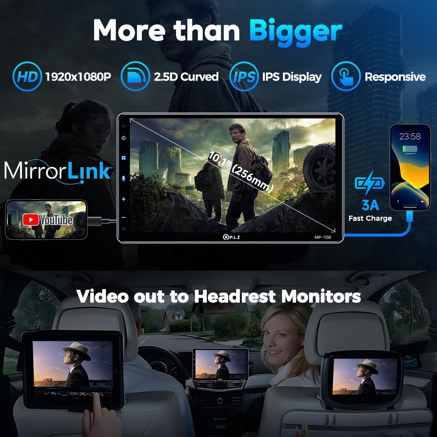 Plz 10.1'' Wireless Single Din Car Radio Stereo With Apple Carplay Android Auto Touch Screen, Car Play Audio Receivers Headunit,