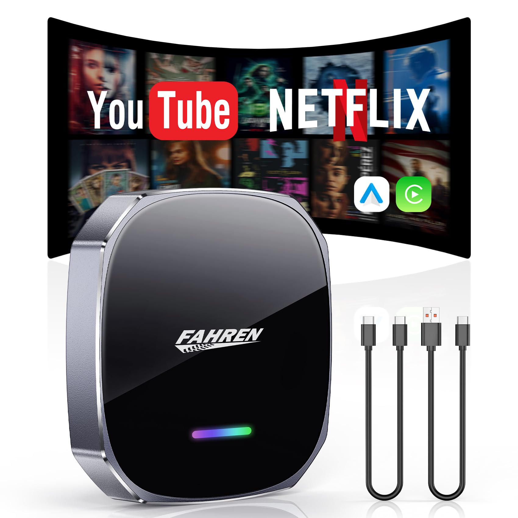 Fahren Wireless Carplay Adapter For Iphone, Support Netflix/Youtube/Tf Card, Mini Android Auto Wireless Adapter For Car, Plug An