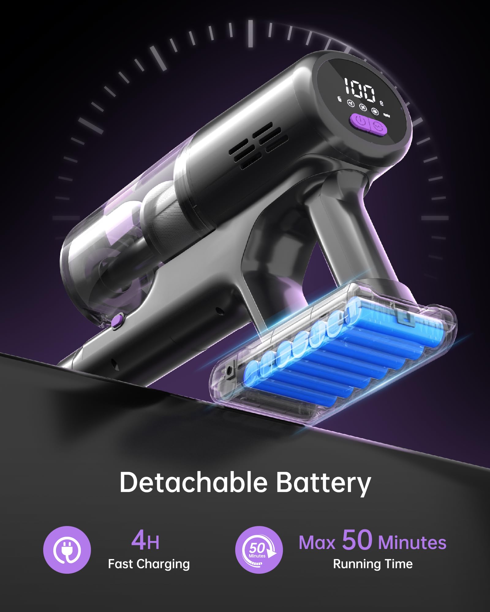 Oxvac Cordless Vacuum Cleaner With Led Display, 45Kpa 550W Brushless Motor, Max 50 Mins Runtime With Detachable Battery, 6 In 1