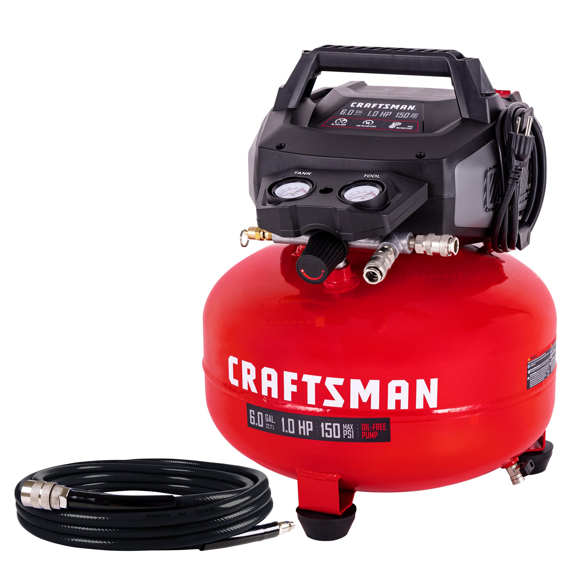 CRAFTSMAN 6 Gallon Portable Pancake Air Compressor, Oil-Free, Max 150 PSI, 1 HP, 2.6 SCFM @ 90 PSI, with 25 ft Air Hose and 2 Qu