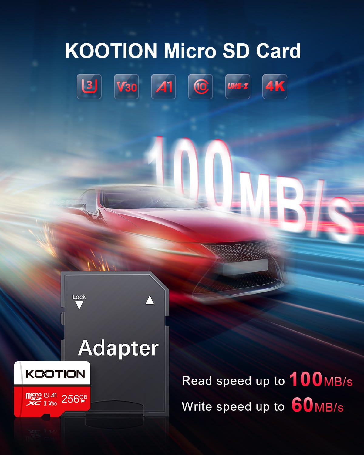 Kootion 256Gb Micro Sd Card Uhs I U3 V30 4K For Camera/Action Camera/Drone/Smartphone, Class 10 Microsdxc Memory Card With Adapt