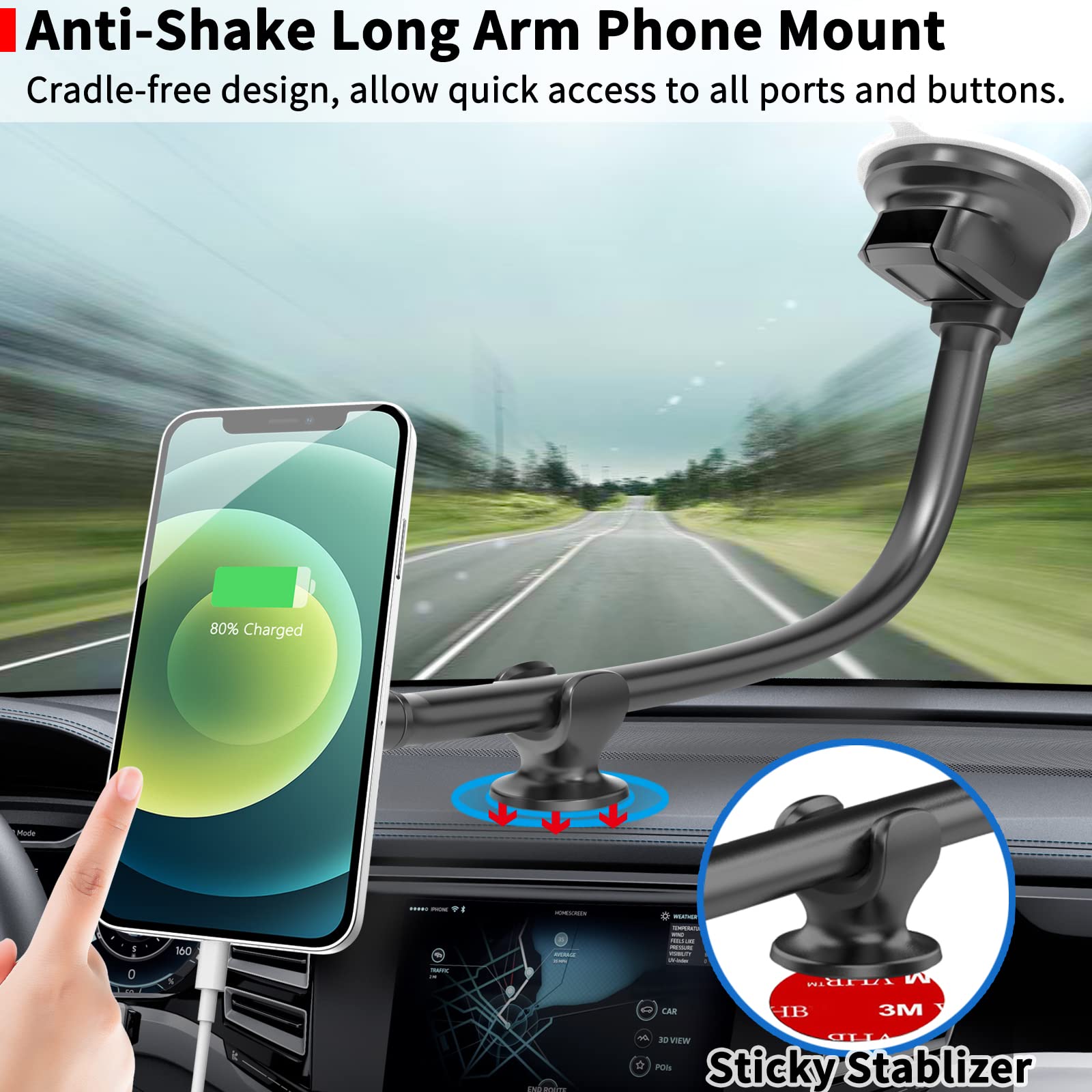 Apps2Car Magnetic Car Phone Holder Mount [Flexible Long Arm] Anti-Shake Windshield Phone Mount [6 Strong Magnets] Cell Phone Hol