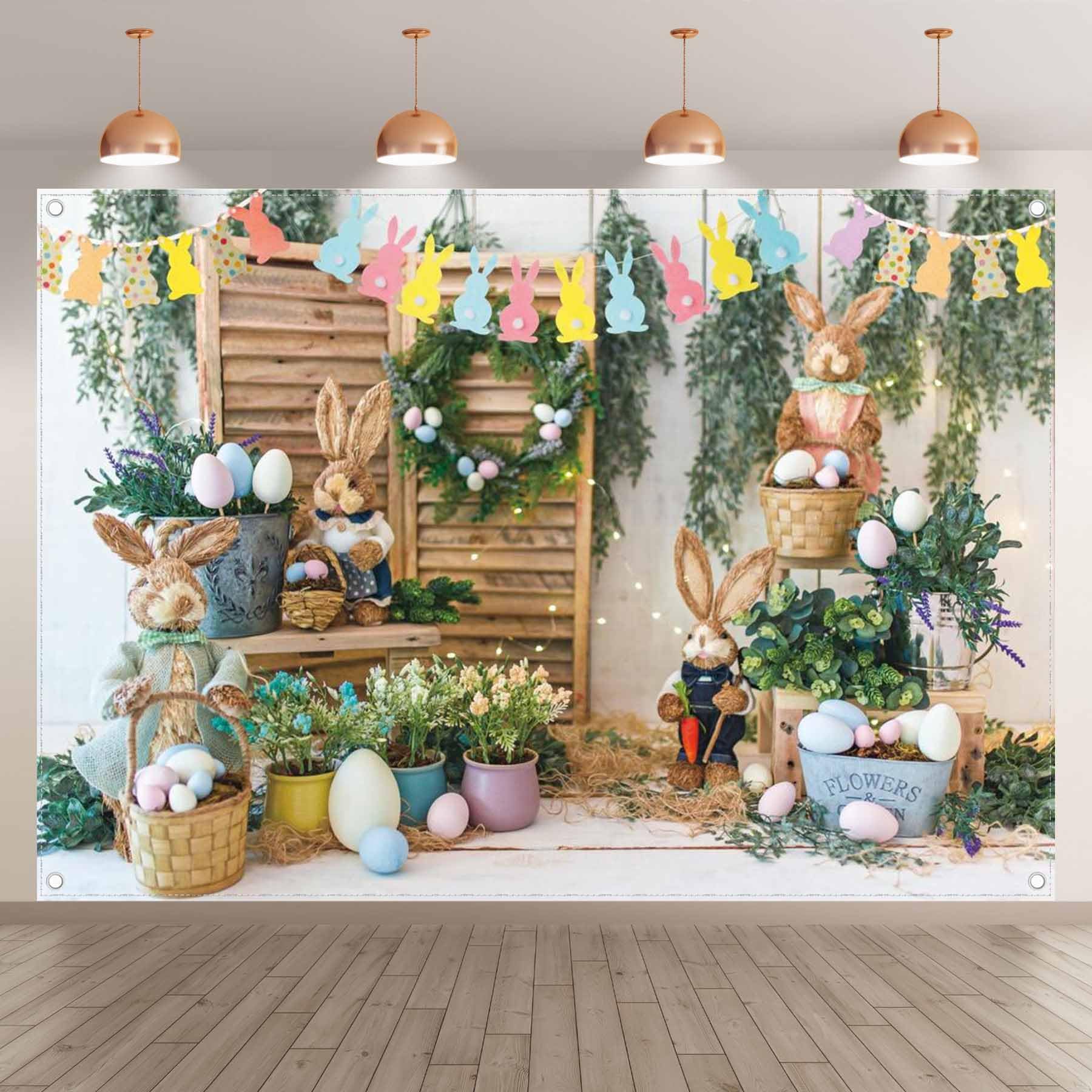 Swepuck 7X5Ft Spring Easter Photography Backdrop Garden Bunny Colorful Eggs Flower Stand Background Rabbit Flag Baby Kids Portra