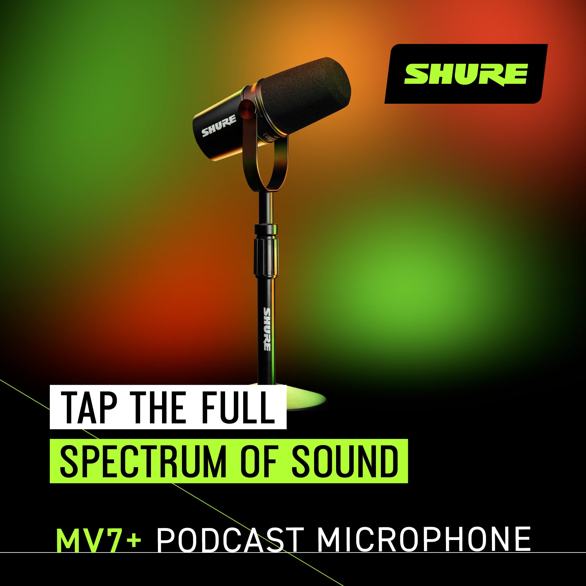 Shure Mv7+ Podcast Dynamic Microphone With Stand. Obs Certified, Enhanced Audio, Led Touch Panel, Usb C & Xlr Outputs, Auto Leve