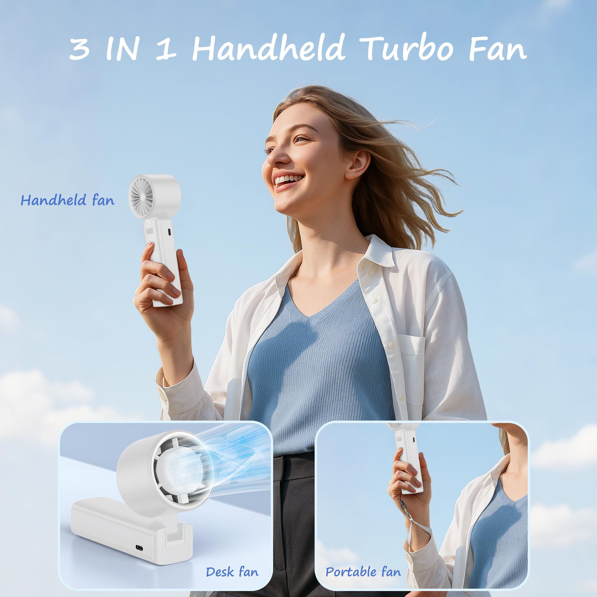 Portable Handheld Fan [24H Max Cooling], Turbo Fan Foldable With Usb Rechargeable, 1-199 Speed, Led Power Display, Small & Light