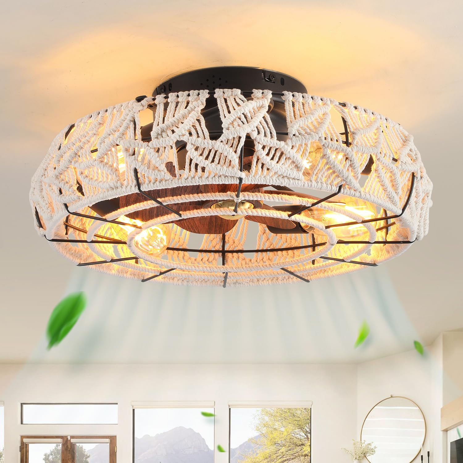 Xudom Boho Caged Ceiling Fans With Lights And Remote 20'' Flush Mount 6 Speed Reversible Enclosed Low Profile Handmade Cotton Ro