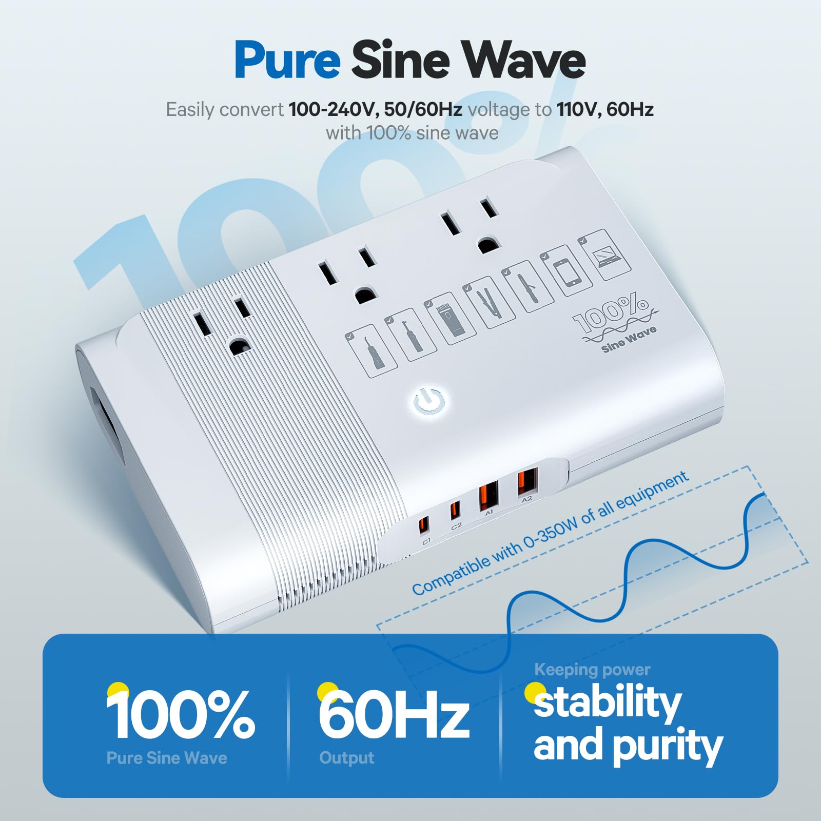 Doace Pure Sine Wave Voltage Converter, Max 500W Step Down 220V To 110V Power Converter With 2 Usb C, 2 Usb A Ports, 3 Ac Socket