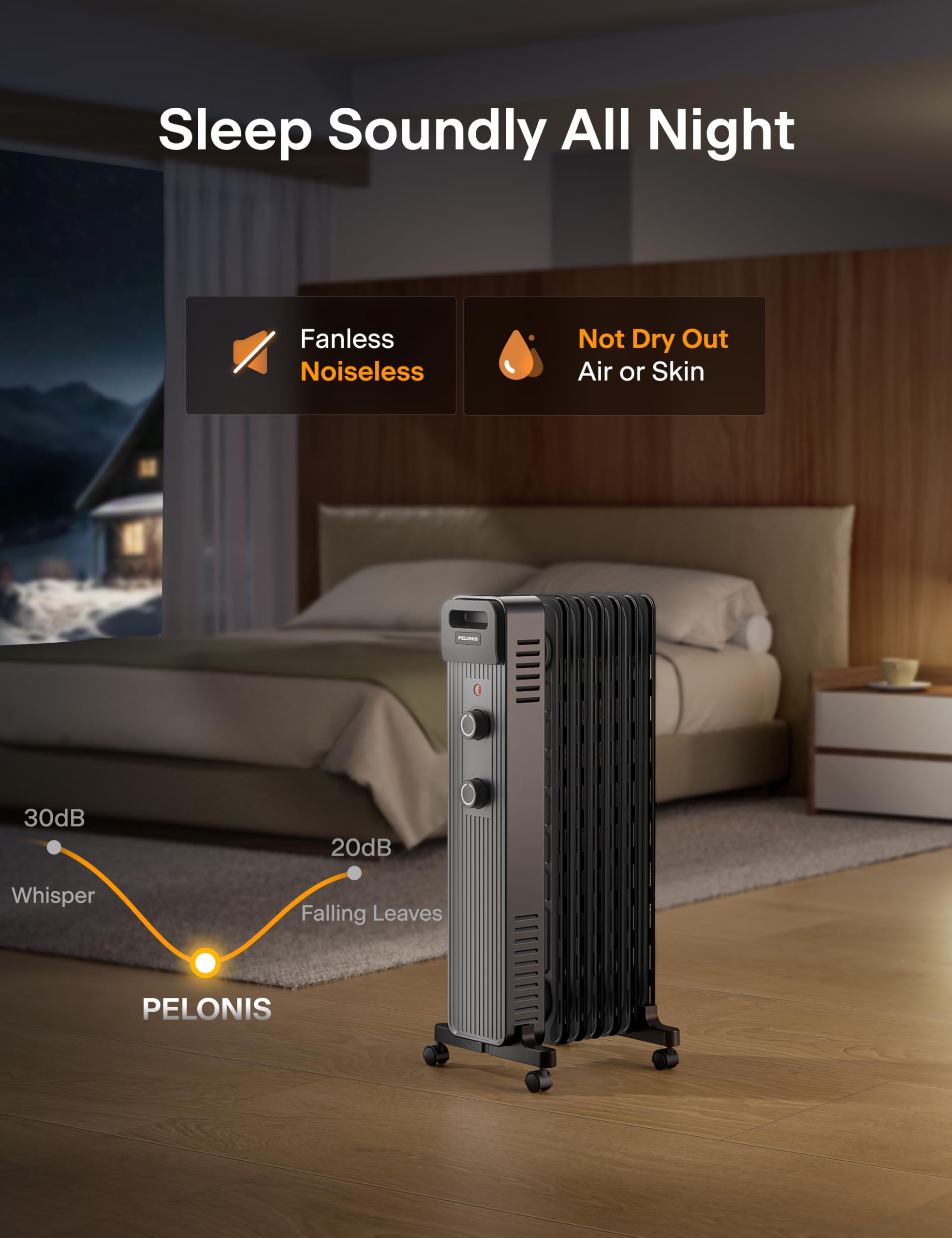 Pelonis Oil Filled Radiator Heater, 1500W Quiet Warmth Radiant Heater, 3 Heating Modes, Overheat & Tip-Over Protection, Adjustab