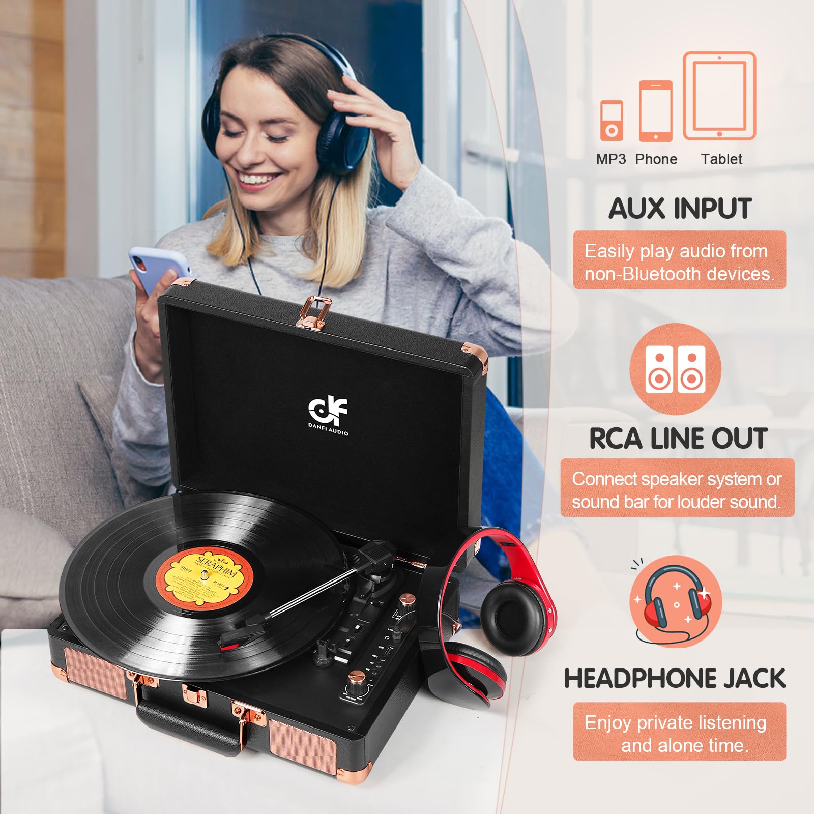 Record Player 3 Speed Portable Suitcase Vinyl Record Player With Built In Speakers, Bluetooth Input, Usb Recording, Rca Out/Aux