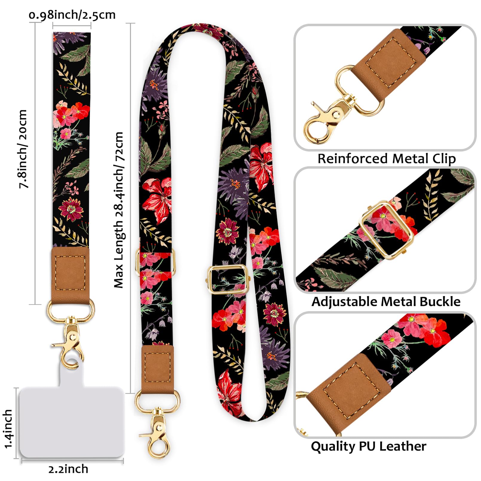 Cell Phone Lanyard Crossbody With Wrist Strap, Flower Phone Lanyards For Around The Neck Wristlet Adjustable Phone Strap, Floral