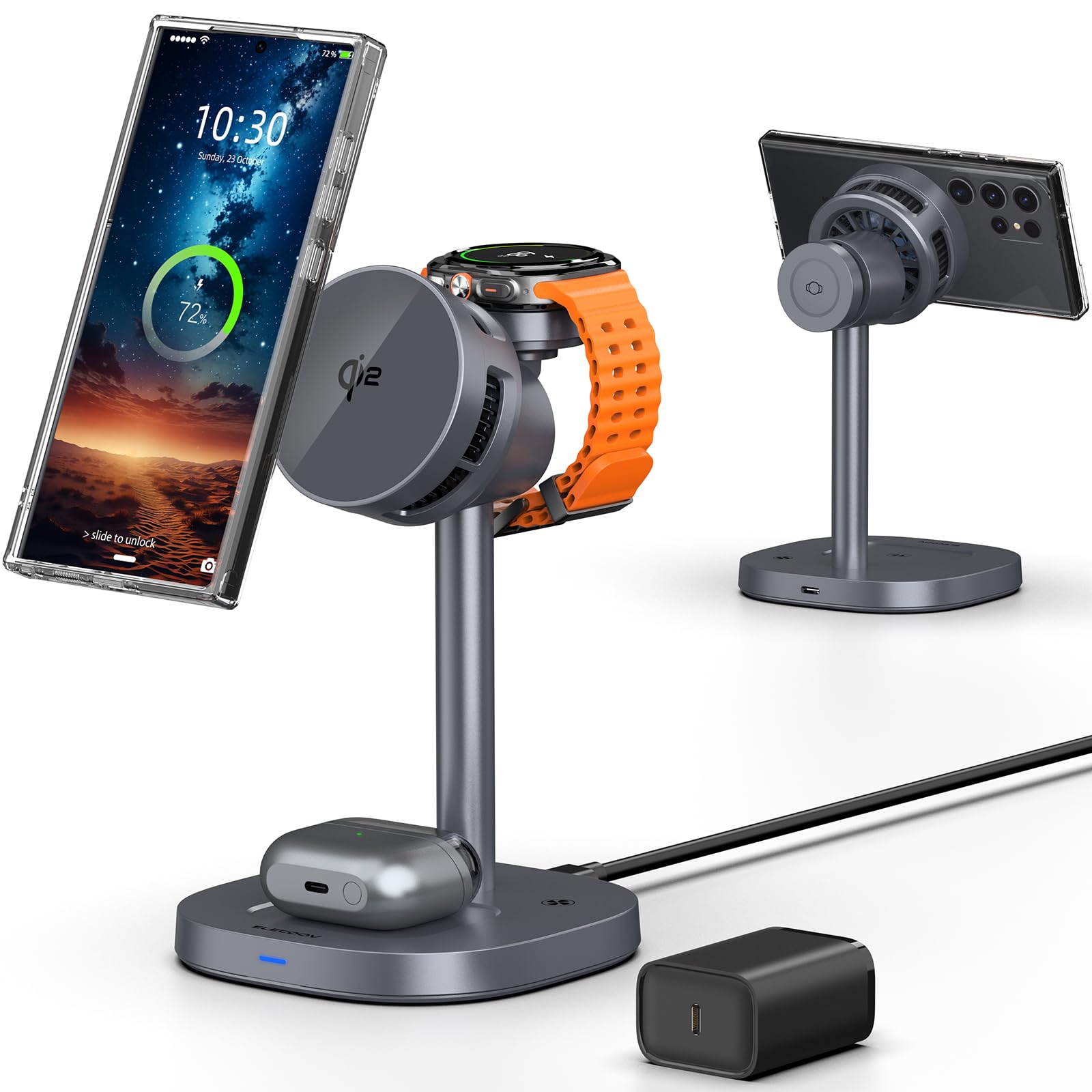Magnetic Wireless Charger for Samsung, Qi2 Android MagSafe Charging Station with TEC Cooling Fan, 3 in 1 Nightstand Organizer fo