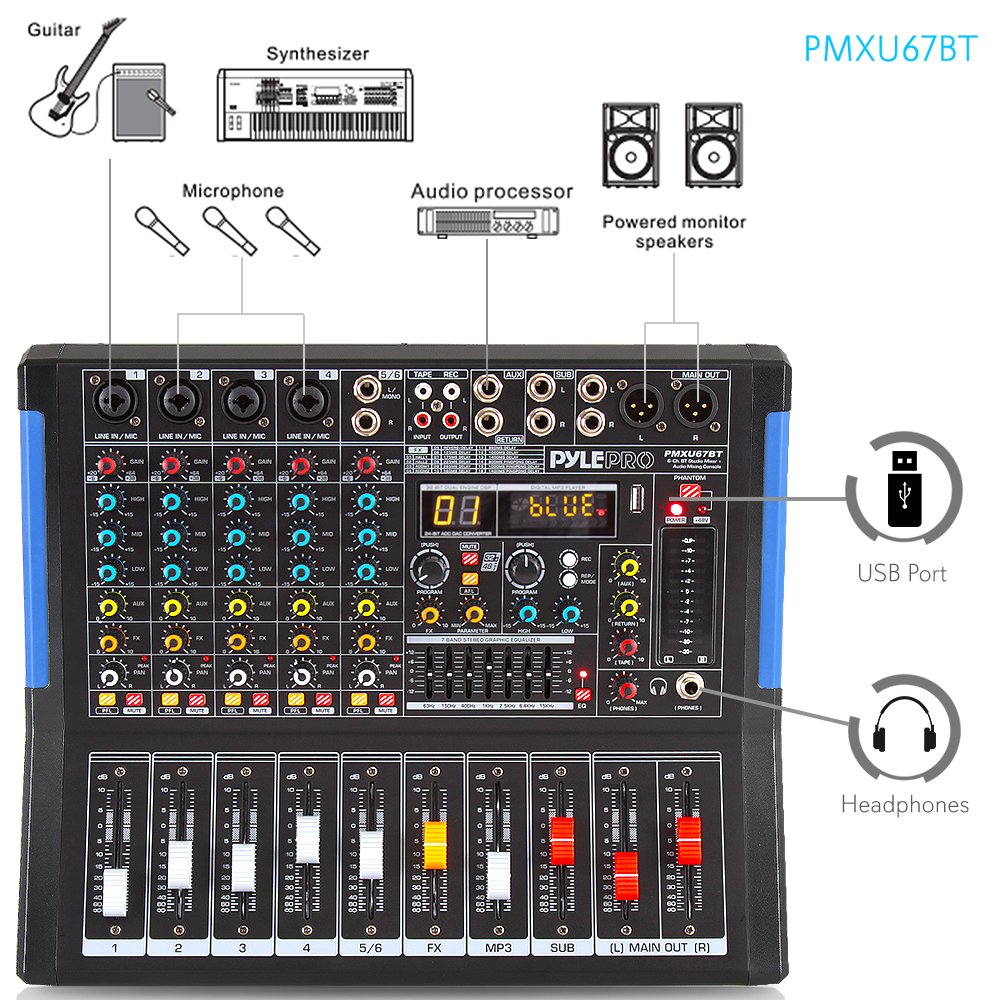 Pyle 6 Channel Bluetooth Studio Audio Mixer   Dj Sound Controller Interface With Usb Drive For Pc Recording Input, Xlr Microphon