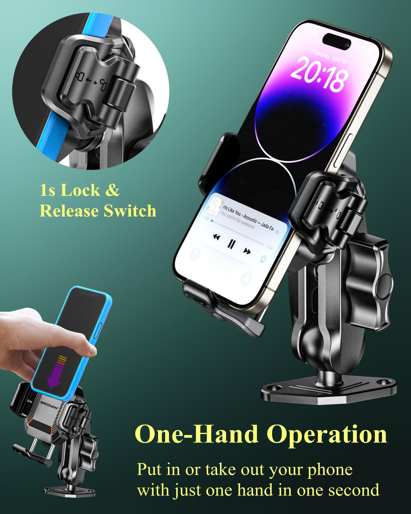Brcovan Anti-Theft Phone Mount Holder With Vibration Dampener [Camera Friendly] [1S Lock & Release], With Aluminum Diamond Base